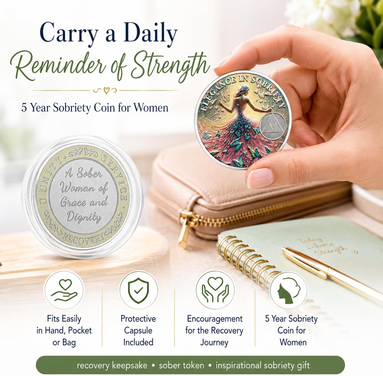 Imasoner 5 Year Sobriety Coin, Recovery Medallion Token for Women, Sober Anniversary Chip Gift, AA NA Inspired Milestone Keepsake, Elegant in Sobriety Unity Service Recovery Coin