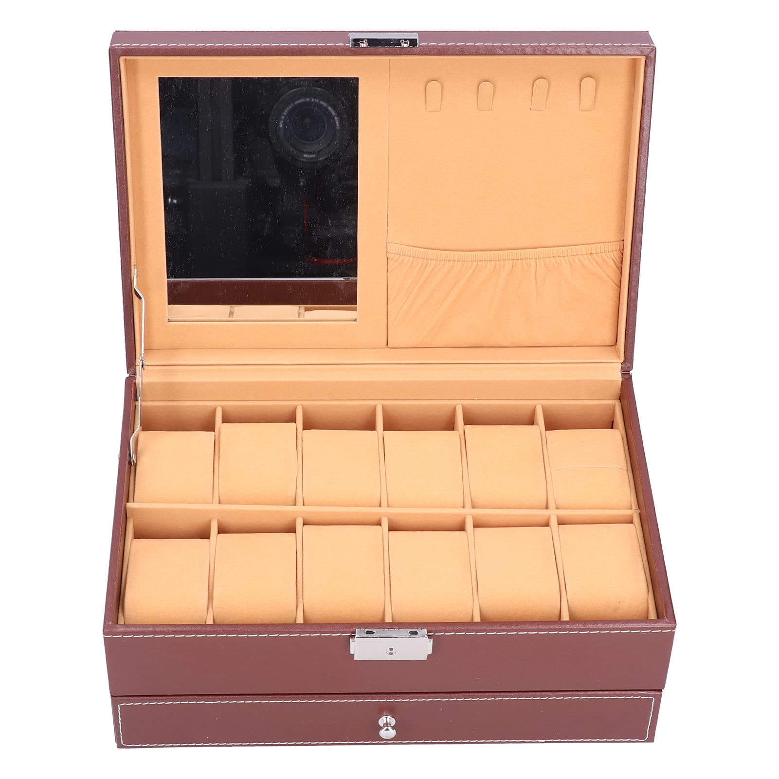 Liyong Watch Jewelry Storage Box, Brown Waterproof Leather Watch Box Wooden Jewelry Box Beautiful with Key for Cloakroom Dressing Table, Display Rack