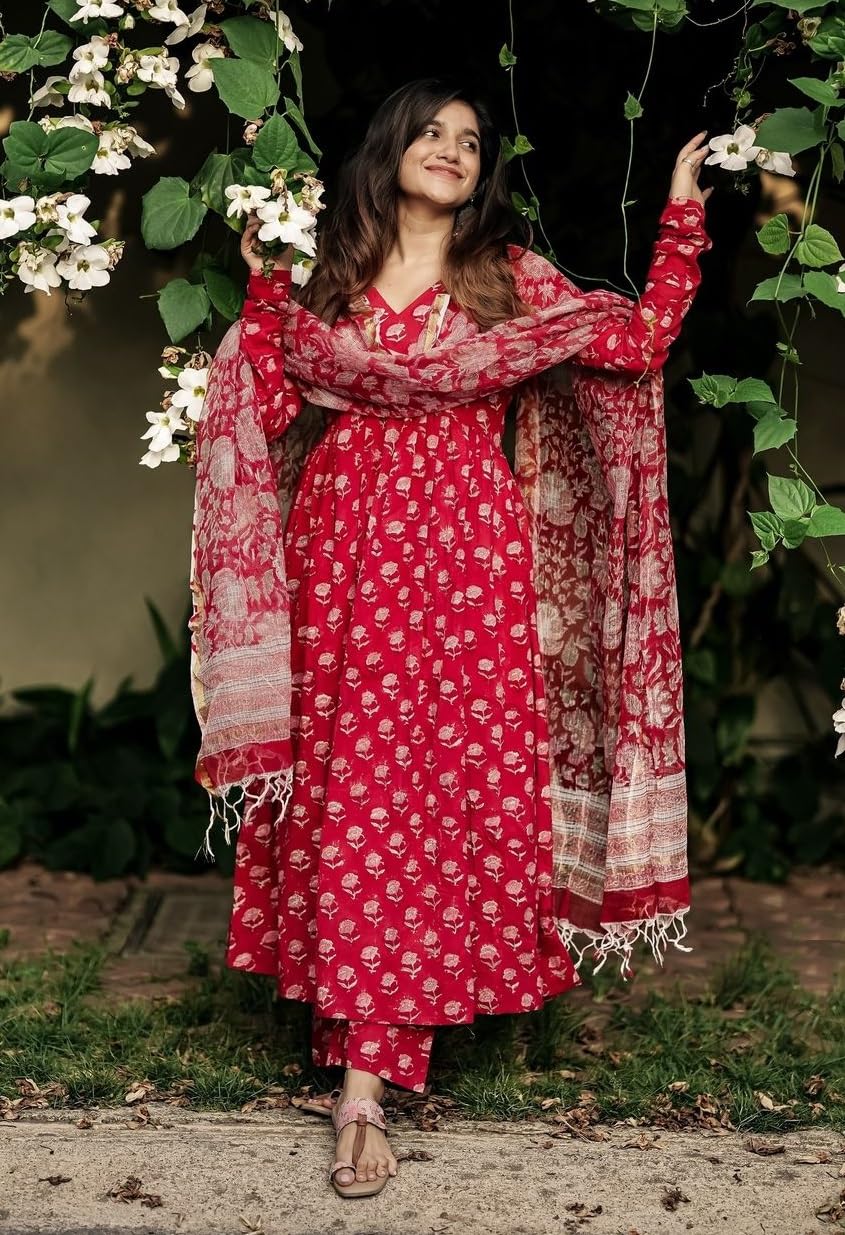 KLOSIA Women Viscose Printed Anarkali Kurta and Pant Set with Dupatta | Anarkali Kurta Set for Women | (in, Alpha, M, Red) 2