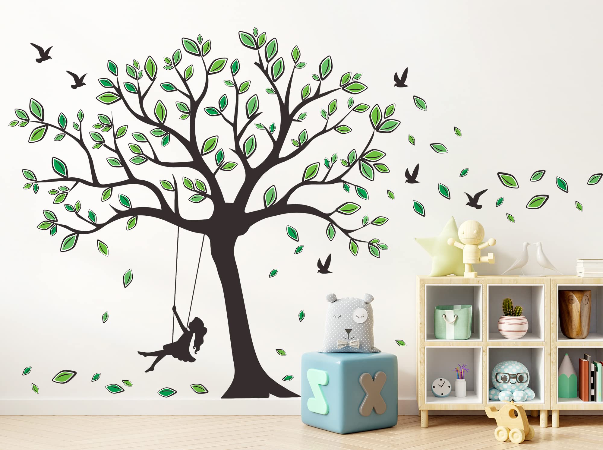 Calcomanía de pared de árbol gigante extraíble con hojas verdes que caen, calcomanía de pared para despegar y pegar, decoración artística de árbol negro para bebés, niños, niñas, dormitorio,