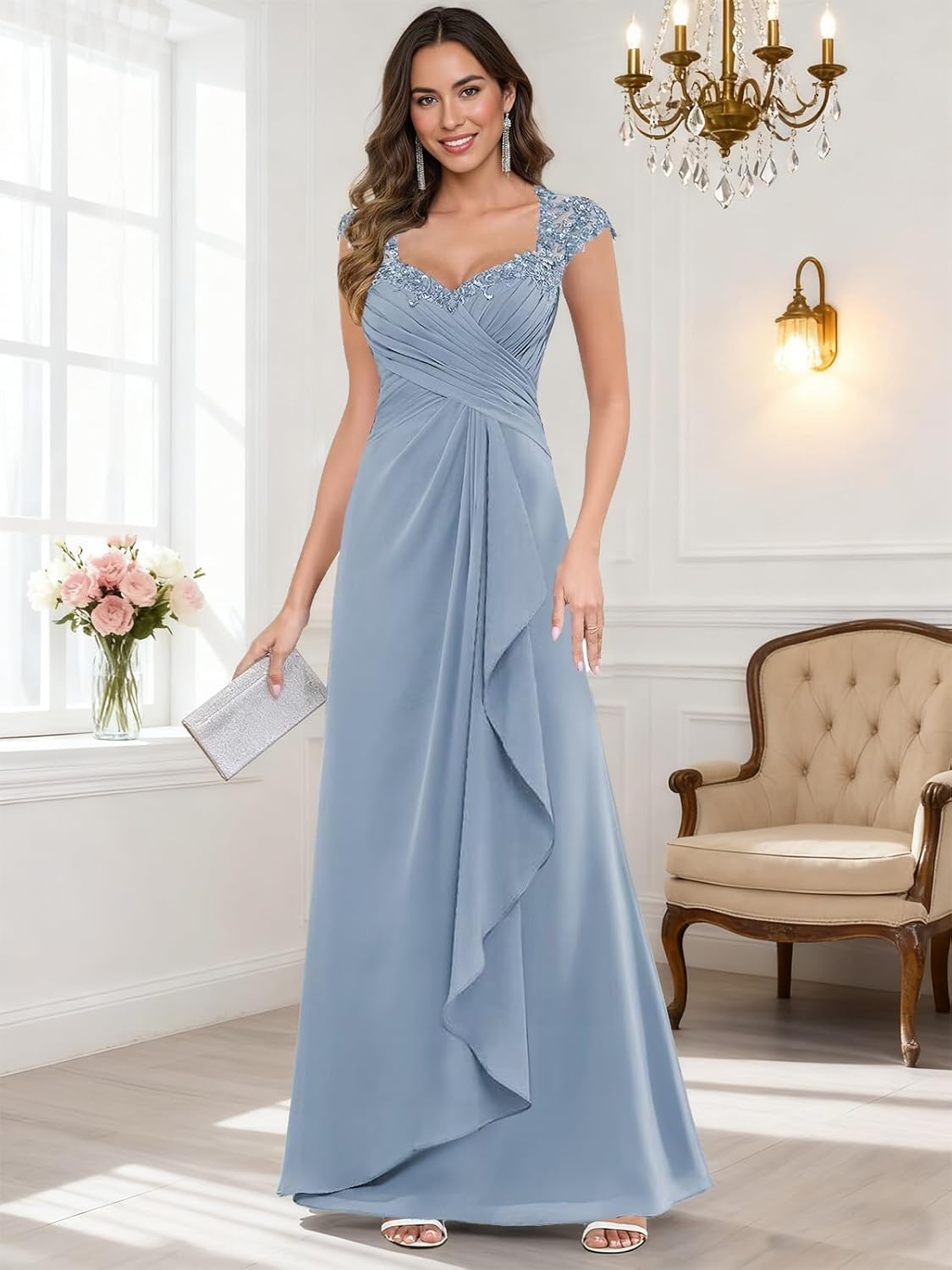 Chiffon Lace Mother of The Bride Dresses - V-Neck Ruched Long Wedding Formal Dress for Women - Image 2