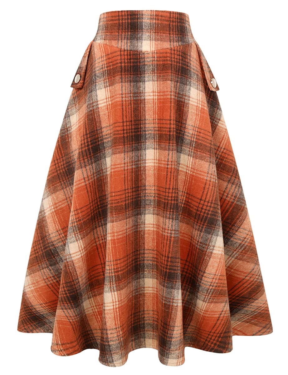 IDEALSANXUN Women’s Fall Winter High Waisted Wool Plaid A-line Long Skirt