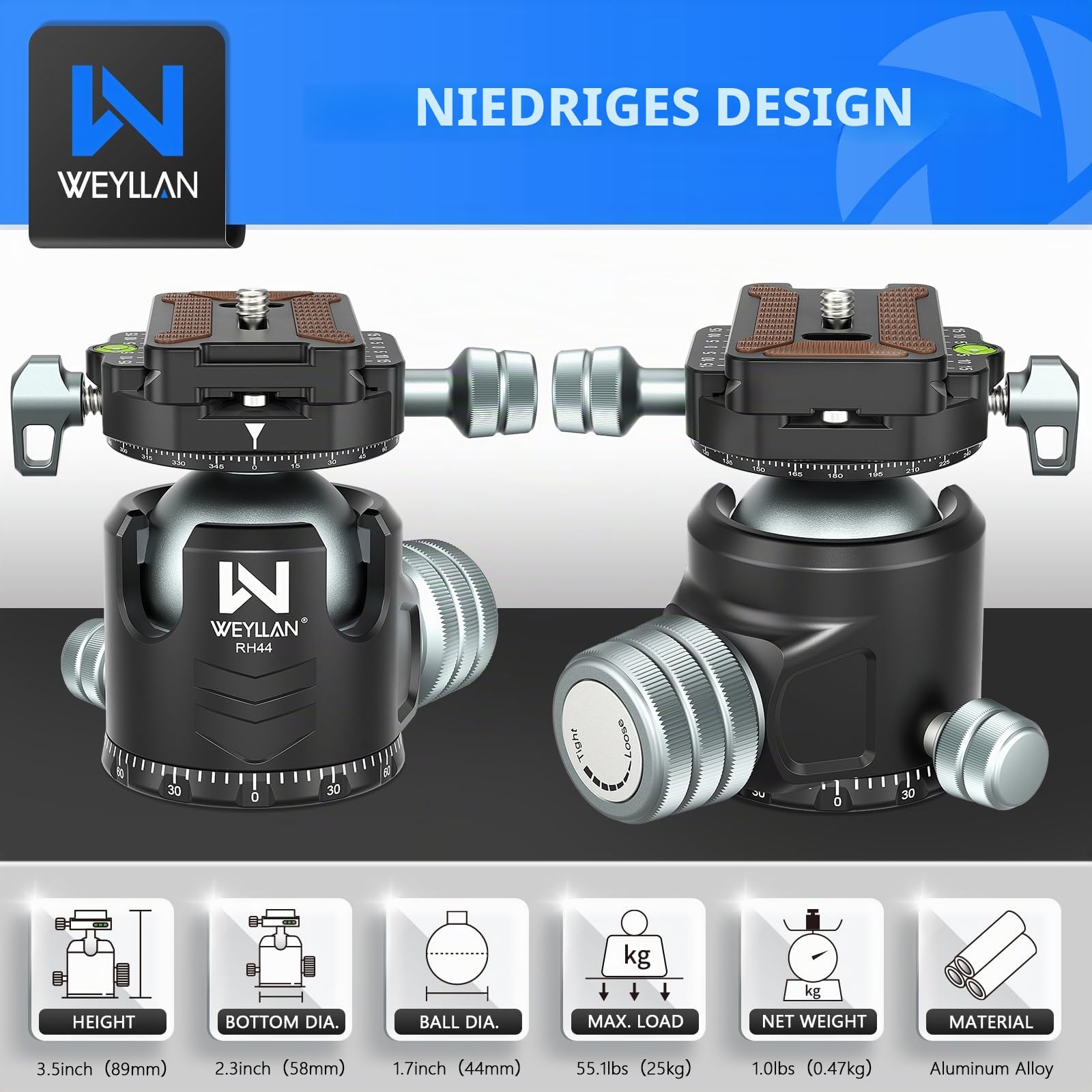 WEYLLAN Doppelter Panorama Low Profile Kugelkopf für 360 °drehbar,Stativkopf mit Schnellwechselplatte 1/4 Arca Swiss QR-Platte, Portable für Einbeinstativ, Camcorder, max. Belastung 25kg.