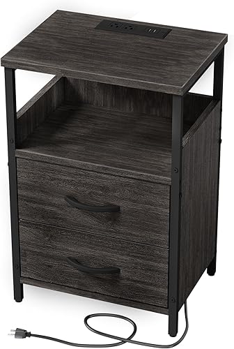 Miniatura 8 de Mesita de noche con estación de carga, mesa auxiliar de tela y madera 2 en 1, lado para espacios pequeños, mesitas de noche grises, puertos USB y