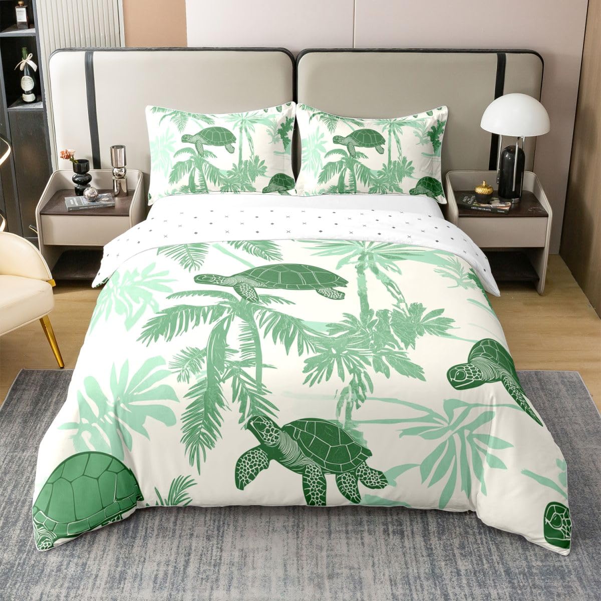Homewish Pościel z palmami zestaw podwójnych łóżek żółw morski bawełna poszewka na kołdrę plaża kreskówka żółw monstera poszewka na kołdrę palmy drzewa sylwetka zielone zestawy łóżek