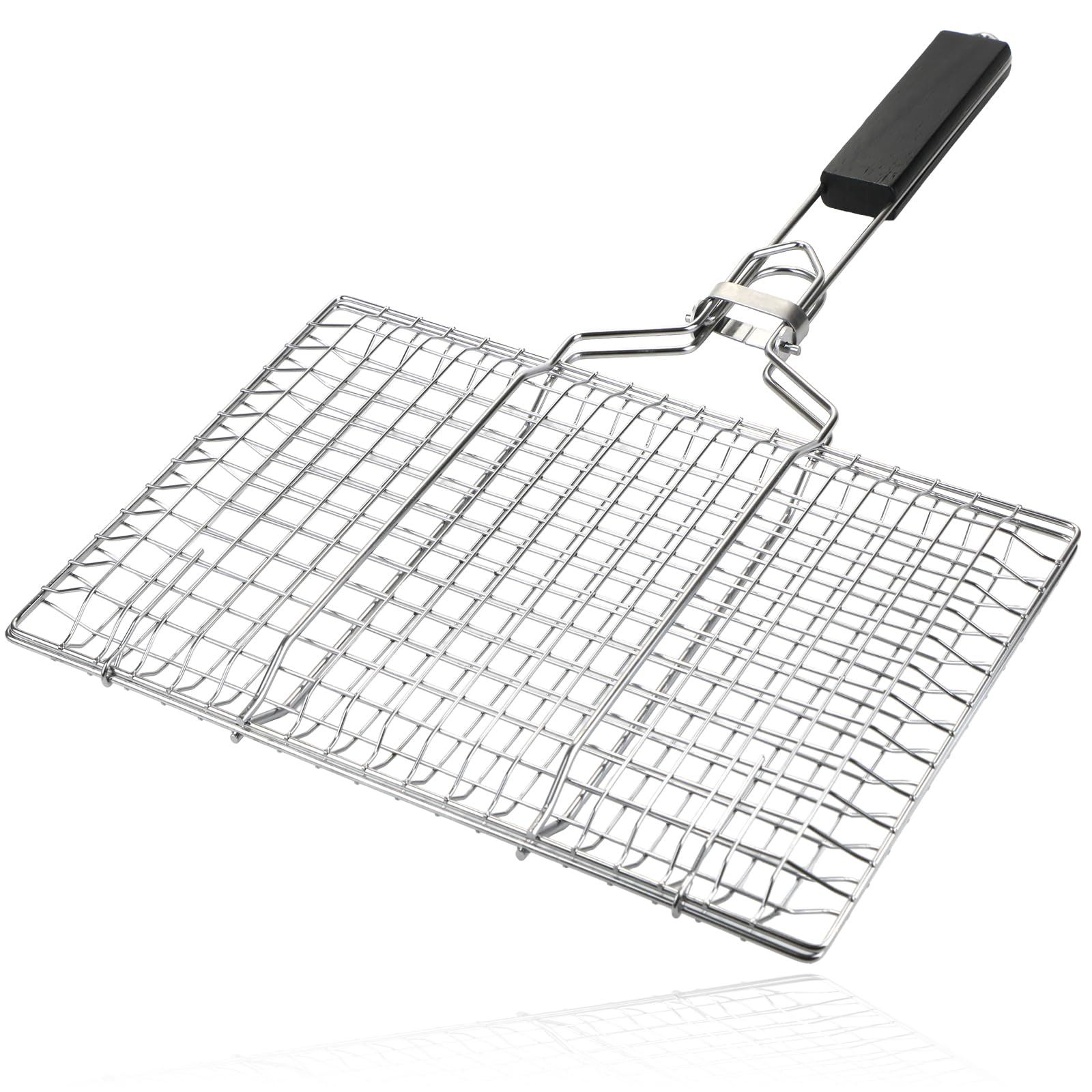 SPARES2GO BBQ Grill Basket with Folding Wooden Handle Stainless Steel Lockable Lid for Fish Vegetables & Meat Outdoor Cooking Storage Bag Sleeve