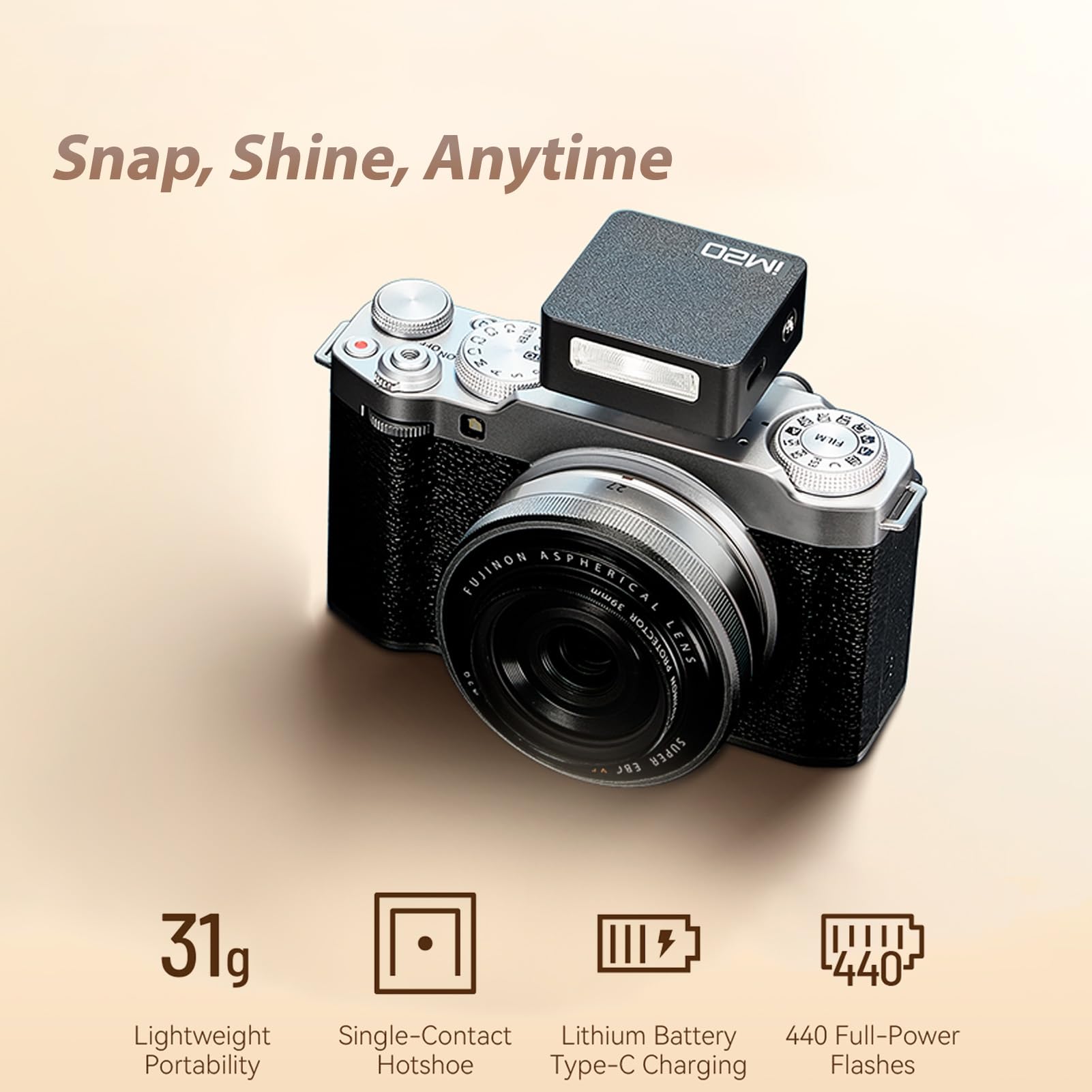 Godox iM20 Mini Flash per Fotocamera 5 Livelli di Potenza Tempo di Ricarica 3s Speedlite per Fotocamera 440 Flash a Piena Potenza Design a Contatto Singolo Batteria Integrata per Canon, Nikon e Sony