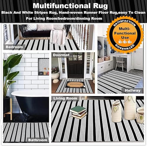 Miniatura 4 de KaHouen Alfombra de algodón a rayas blancas y negras (27.5 x 43 pulgadas), lavable a rayas al aire libre, alfombra reversible a rayas para entrada