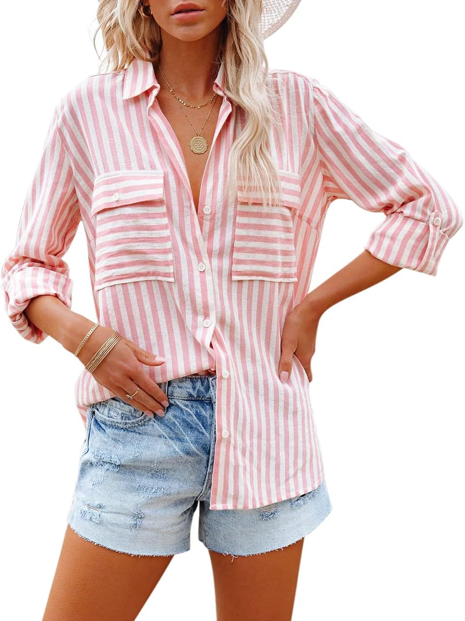 R.Vivimos Women's Fall Cotton Long Sleeves Roll Up Striped Casual V Neck Button Down Shirts Blouses