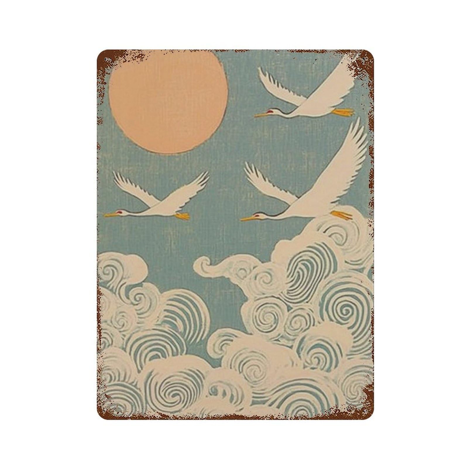 xiaoxiaoshen Flying Cranes Japanese Sun Asian Bird Ocean Wave Work Zen Nature Wall Decor Art Metal Tin Poster Modern Home Decor Art Home Bar Shop Decorations Vintage Sign 40x30cm