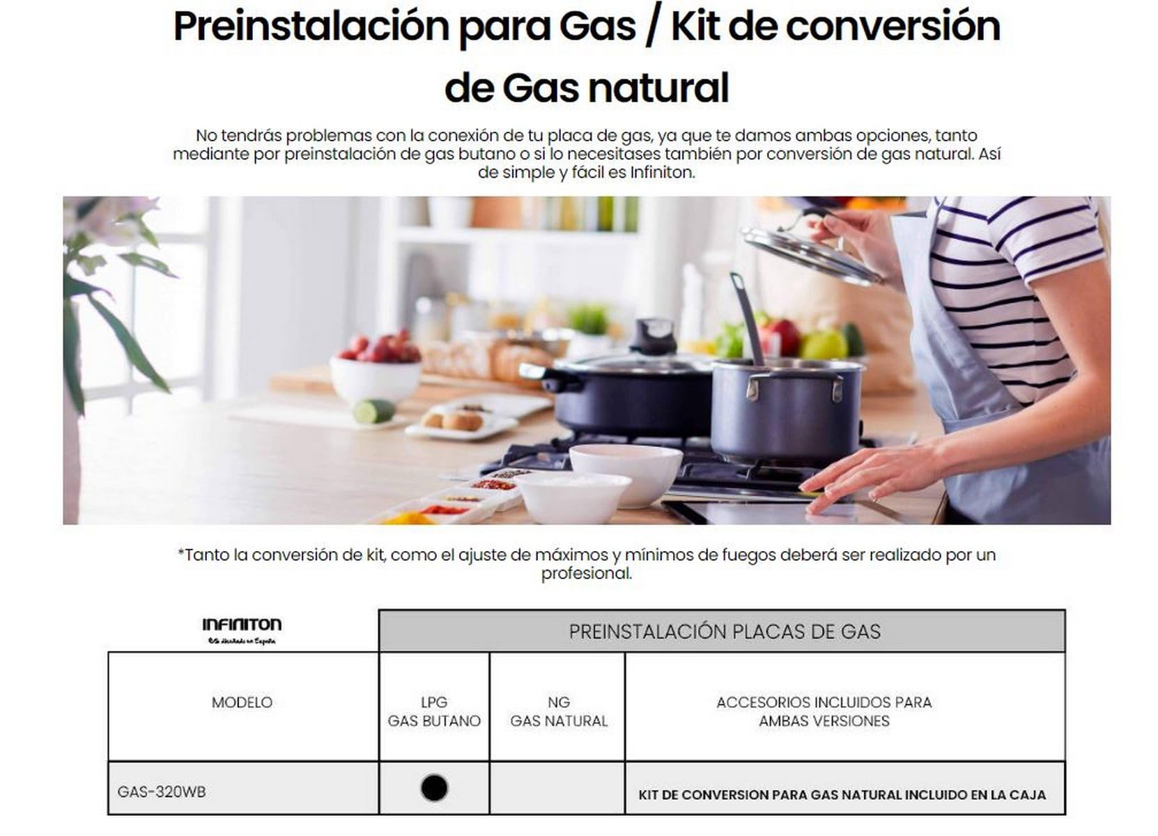 PLACA DE GAS GAS-320WB INFINITON (Ancho 60cm, 3 Fuegos, INOX, Triple corona, Encendido electronico, Limpieza facil, Seguridad termopar)