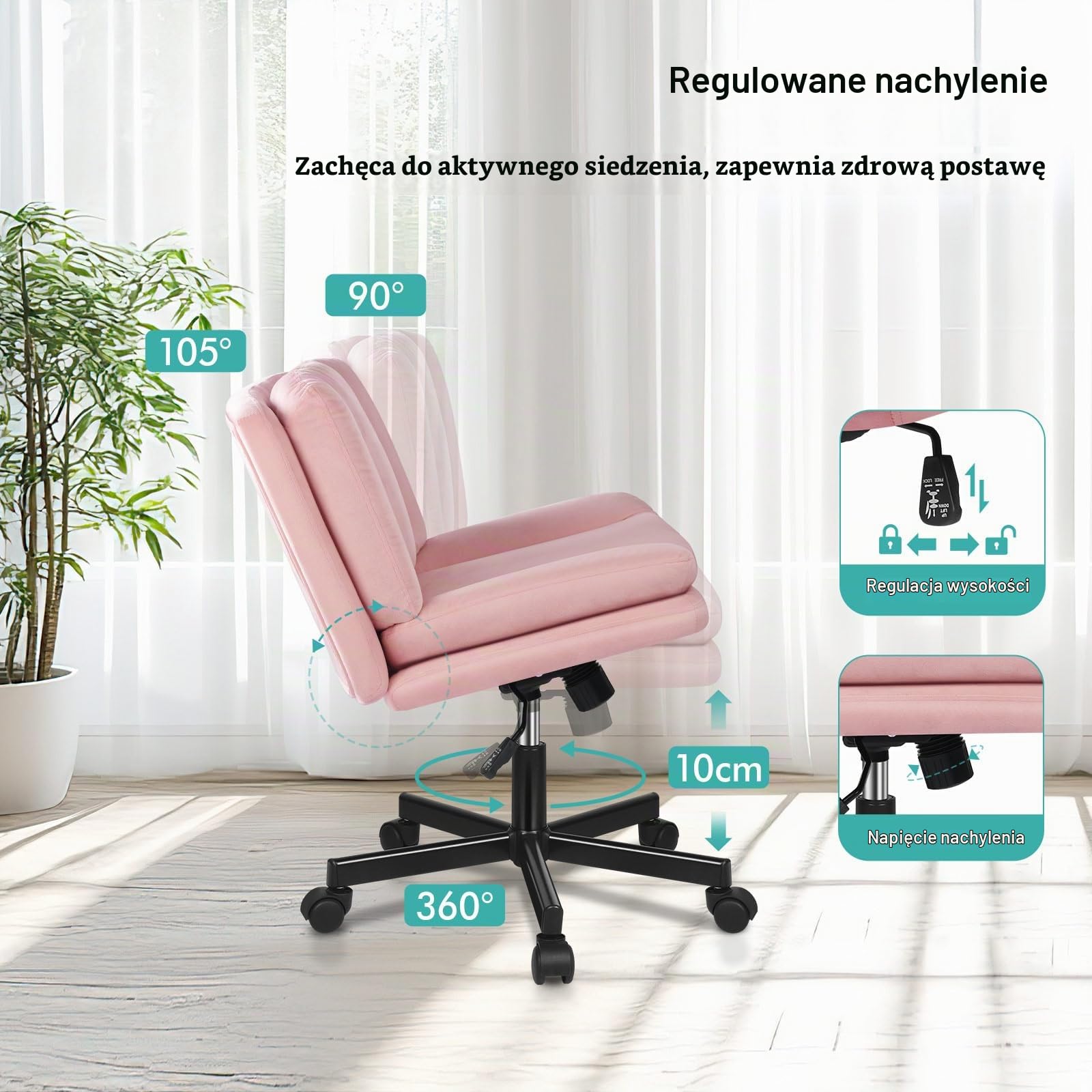 ALFORDSON Krzesło biurowe z szerokim siedziskiem i skrzyżowanymi nogami, regulowane krzesło biurowe bez podłokietników, kółka, krzesło do toaletki, obrotowe krzesło komputerowe, oparcia, tekstylia