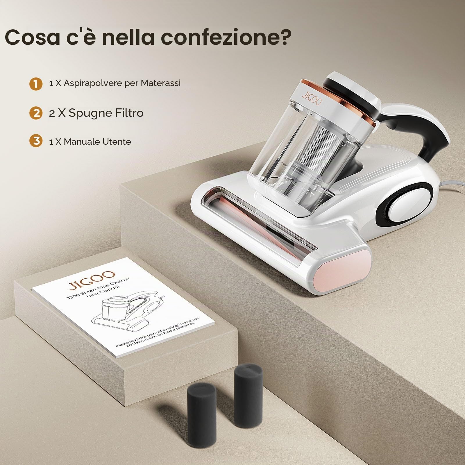 JIGOO J300 Battimaterasso,500W Aspiratore portatile intelligente per materassi, Aspirapolvere antiacaro con luce UV, rimuove il 99,9% degli allergeni, per materassi, letti, divani e mobili imbottiti