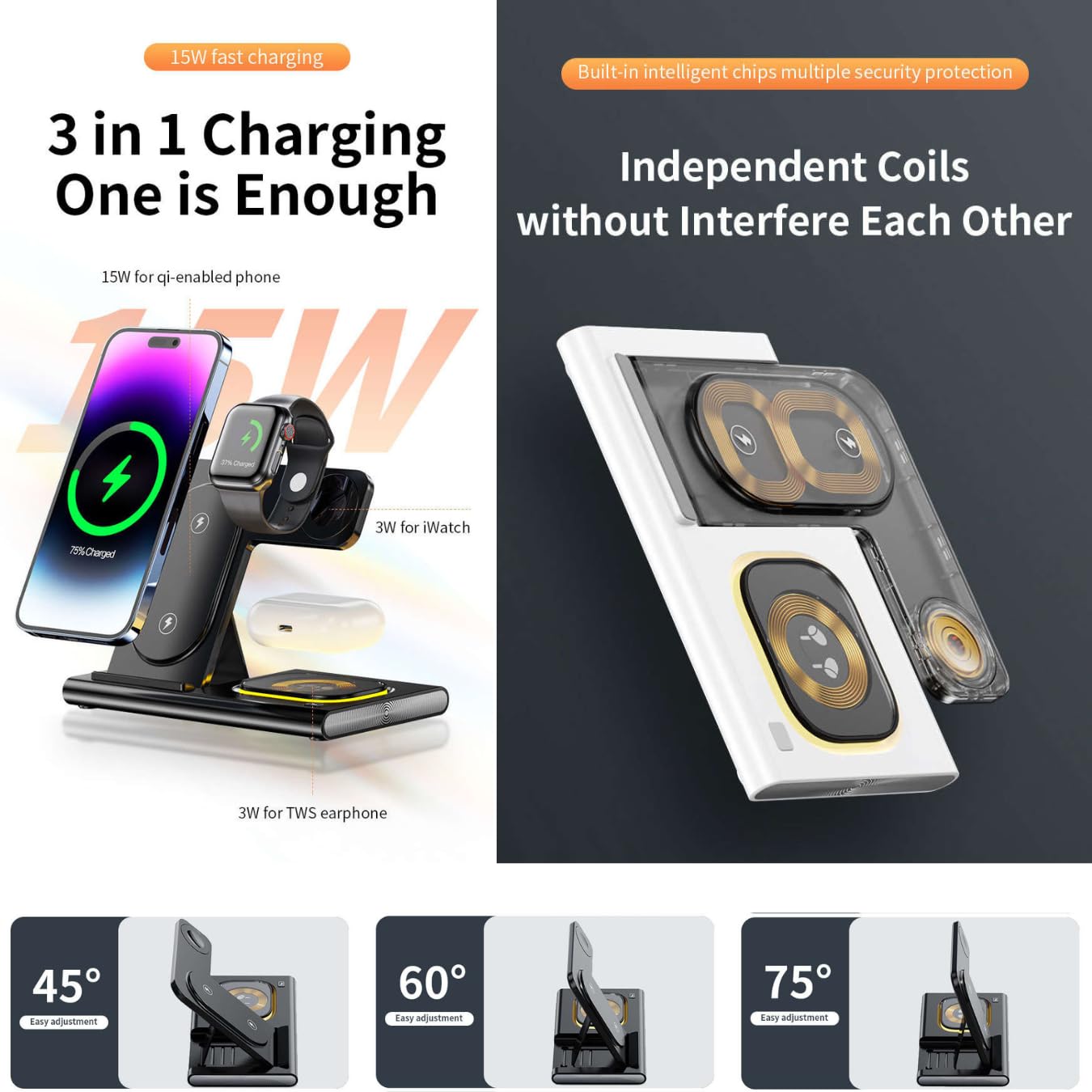 Davidex Station de Charge sans Fil Pliable 3 en 1, Chargeur sans Fil Mag-Safe, Compatible avec Les Séries i_Phone 12/13/14, Air_pods 2/3/Pro, Smart Watch (Noir)
