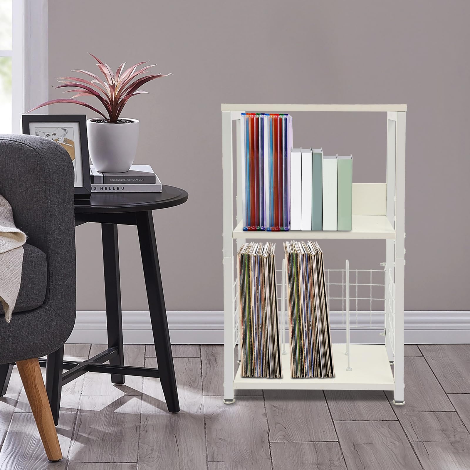 Supporto per giradischi, 3 ripiani, in vinile, tavolino per giradischi, tavolo per soggiorno, camera da letto (bianco)