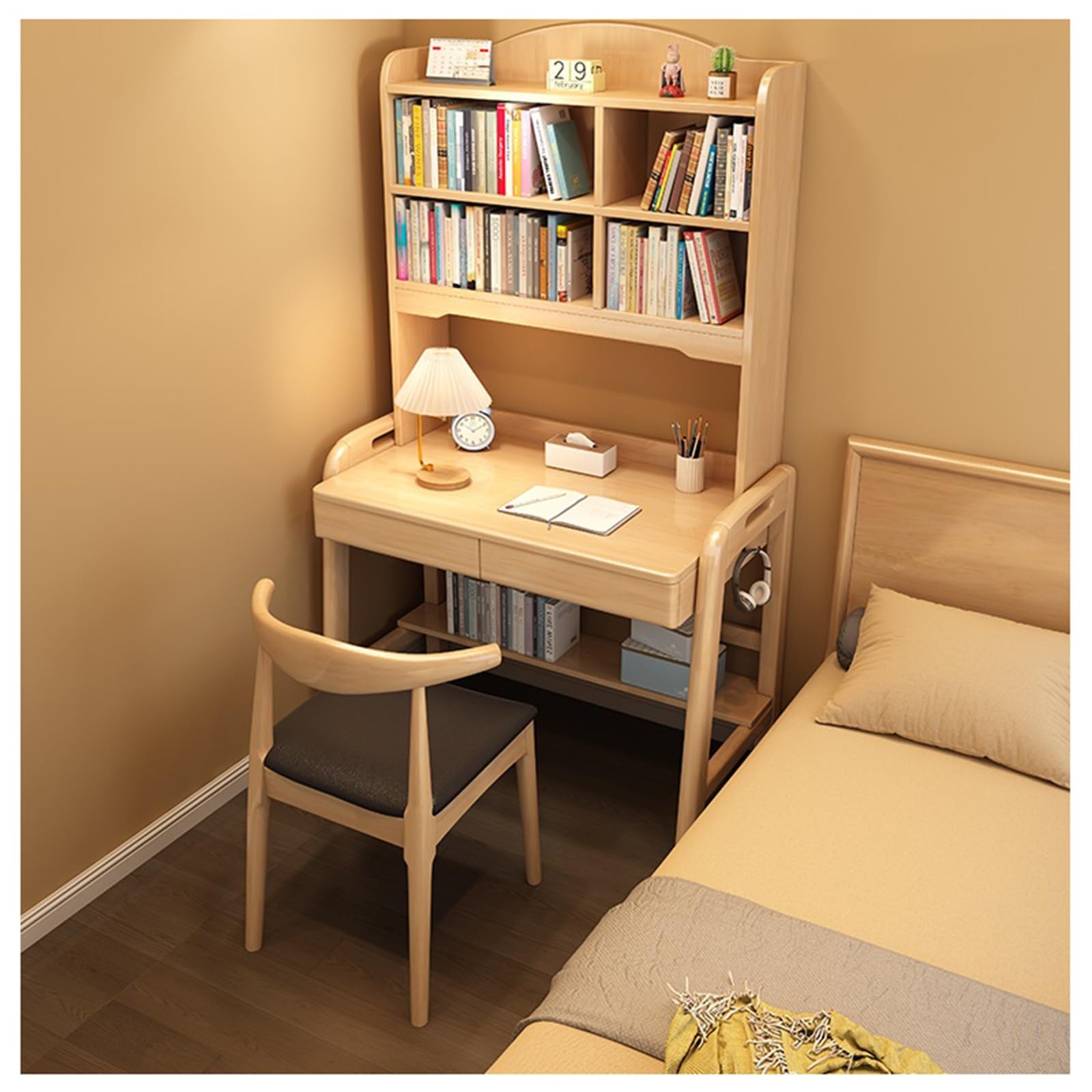 Amazon | 内蔵本棚付きモダンな無垢材デスク、ホームオフィス用の省