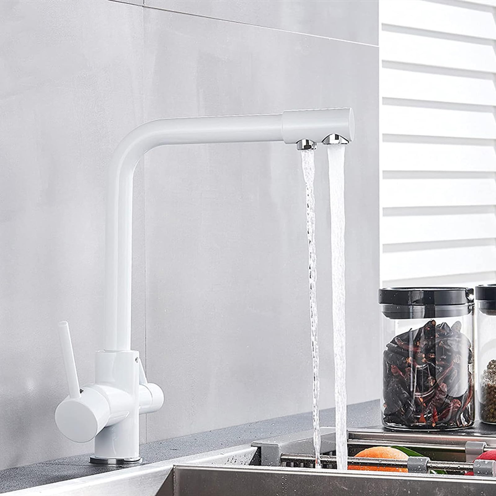 Grifo Cocina Abatible Grifo Osmosis 3 Vias Doble Manija Agua Fría Y Caliente Rotable,Blanco