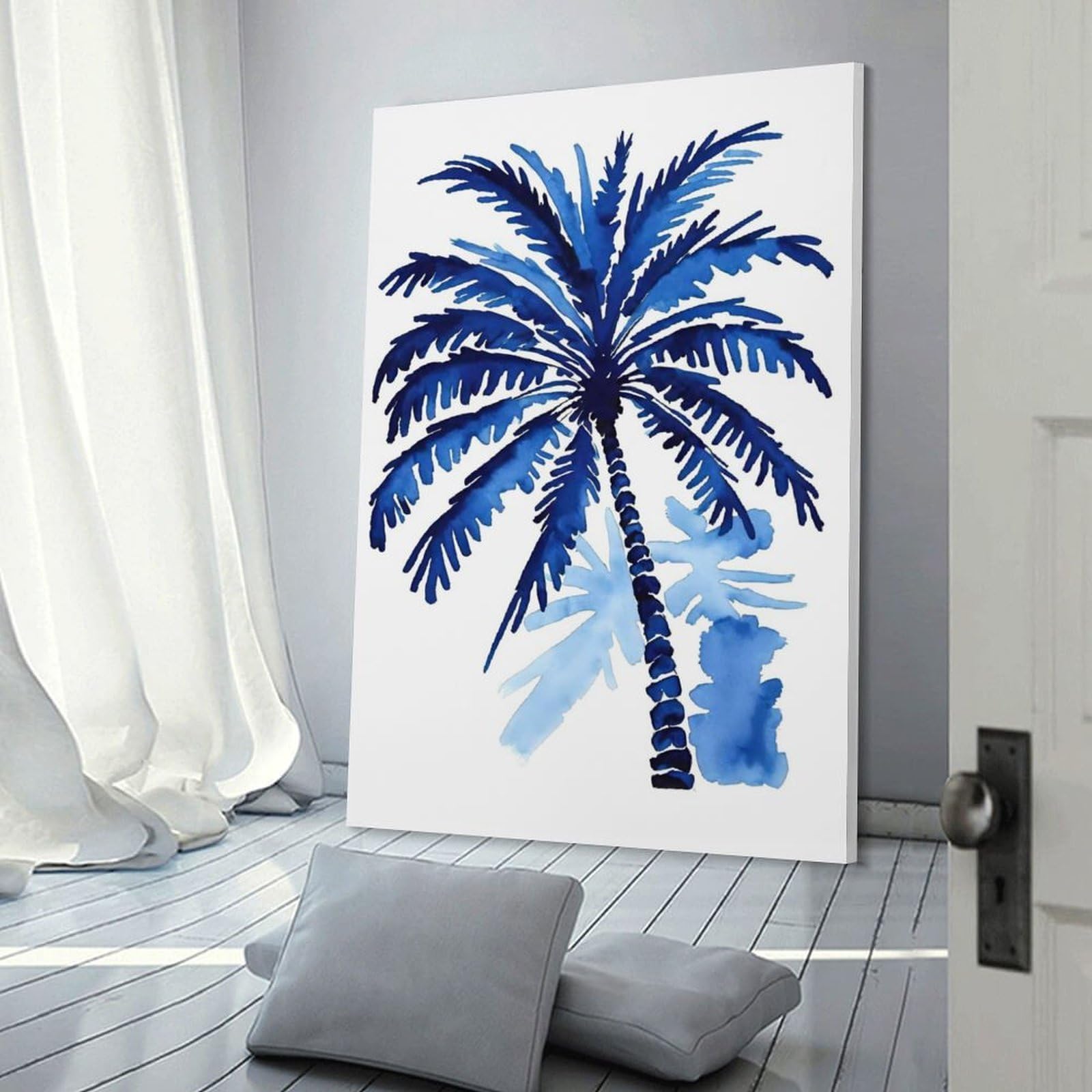 Junmoney Canvas Wall Decor Blue Palm Tree Art, 24x36inch(60x90cm), for Lounge Decor, Bedroom Walls Or Flats, Eye Catching Artwork for Blank Walls