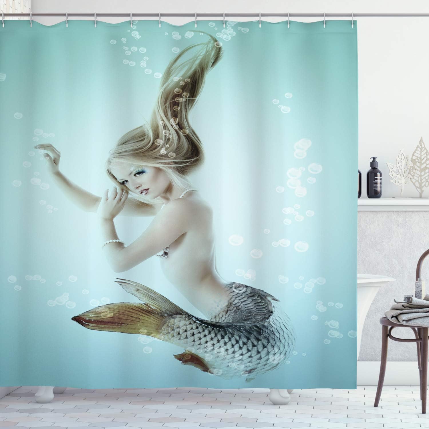 Ambesonne Mermaid Shower Curtain, Floating Girl Water Bubbles Underwater Themed Art Print, Cloth Fabric Bathroom Decor Set with Hooks, 69" W x 75" L, Seafoam Beige and Brown