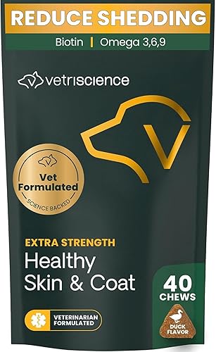 VetriScience Masticables extra fuertes para piel y pelaje, suplemento Omega Plus para perros, con Omega 3, 6, 9, aceite de pescado y biotina, salud