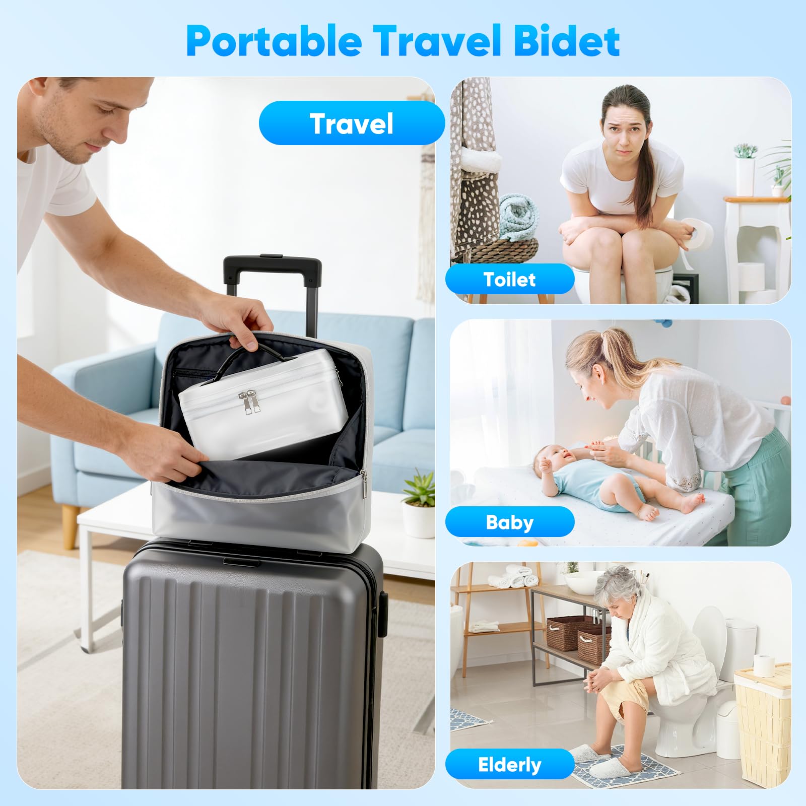 Bidet portatile con doccia elettrica, ricaricabile, serbatoio da 2,3 l, spray a 3 livelli, per toilette, viaggi e pulizia musulmana, bagno portatile per letto settimanale, cura intima (bianco)