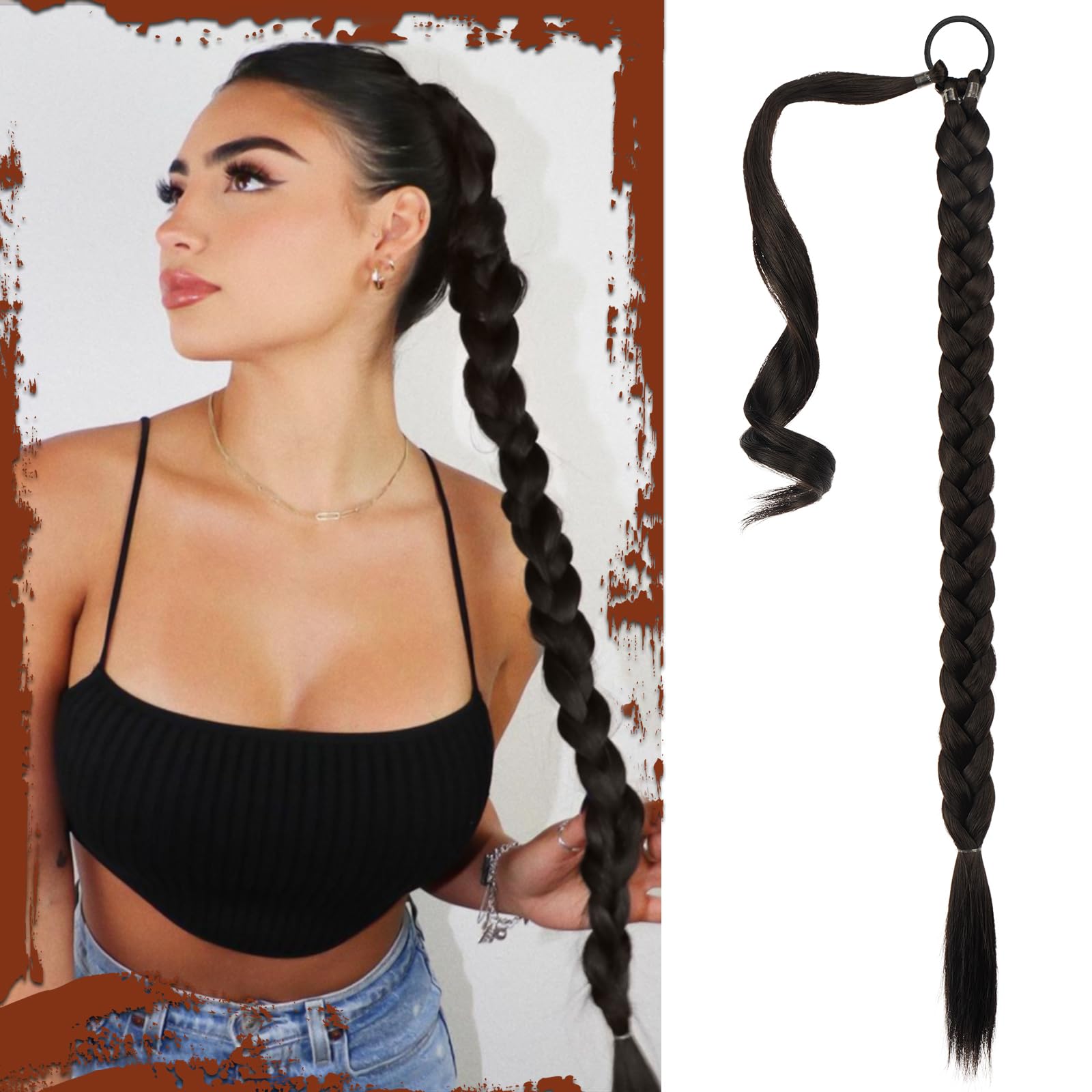 Sofeiyan Braid Extensions Pferdeschwanz Verlängerung mit Haargummi 76cm Lange Geflochtener Ponytail Verlängerung Schwarzbraun Natürliches Haarverlängerung Synthetisches Zopf Haarteil für Damen