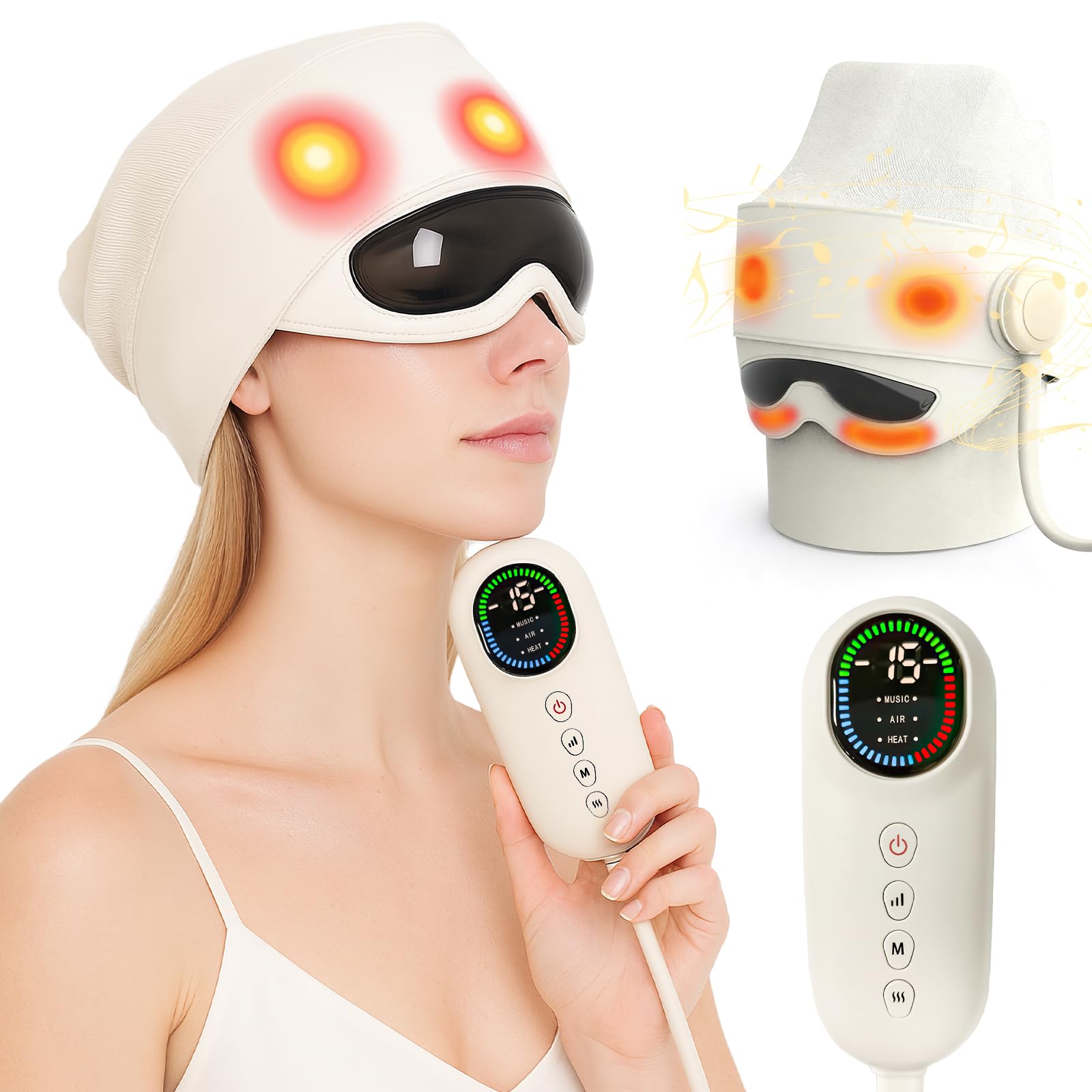 Masajeador de cabeza eléctrico 2 en 1 con cojín de aire de 5 zonas y calor ocular, con 4 modos de masaje y compresa térmica de ojos de 3 niveles para aliviar el estrés, el mejor regalo