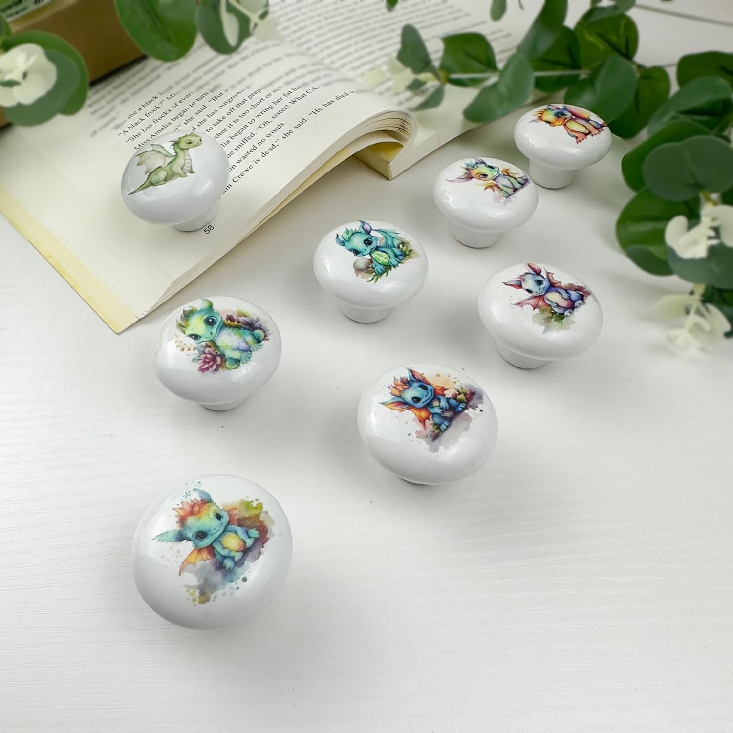 8 Pack Cute Dinosaur Ceramics Knob Handle Safari Animal Nursery Kids Room Dresser Cabinet Drawer Pulls and Knobs