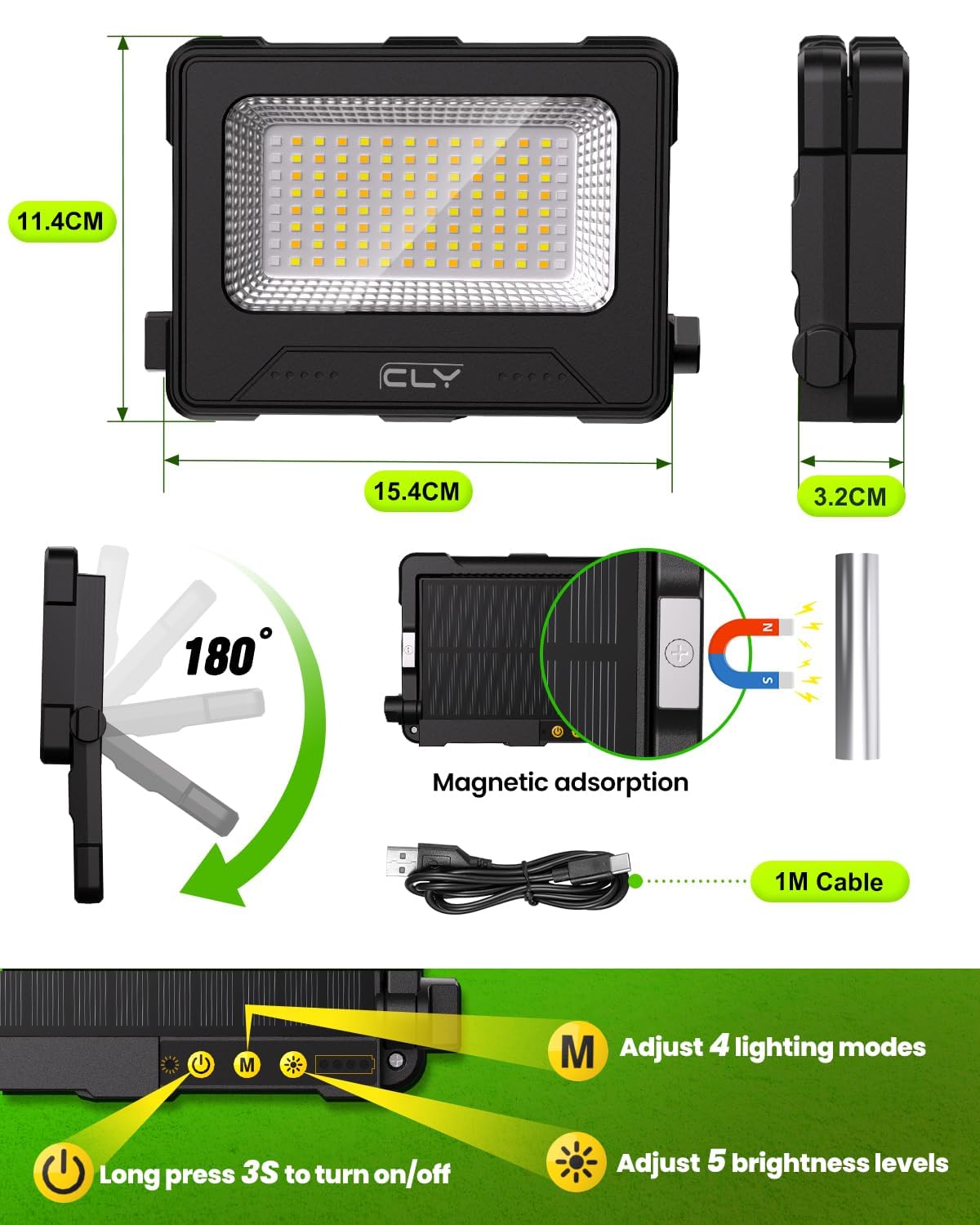 CLV Ładowalny reflektor LED USB 60 W 12000 MAH Przenośny magnetyczny reflektor budowlany 4 tryby oświetlenia i 5 poziomów jasności Awaryjna bateria zewnętrzna z panelem słonecznym na kemping