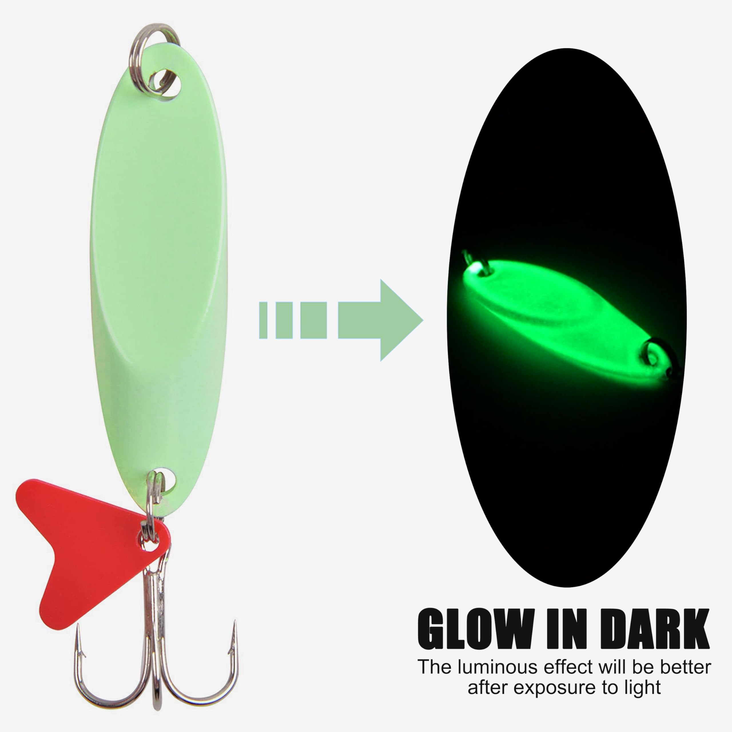 OROOTL Cuillère de pêche en métal lumineux, 10 pièces/8 pièces leurres de pêche en métal avec hameçons triples et pièce en plastique rouge, cuillère en métal dur appâts de pêche, 50g-10pcs