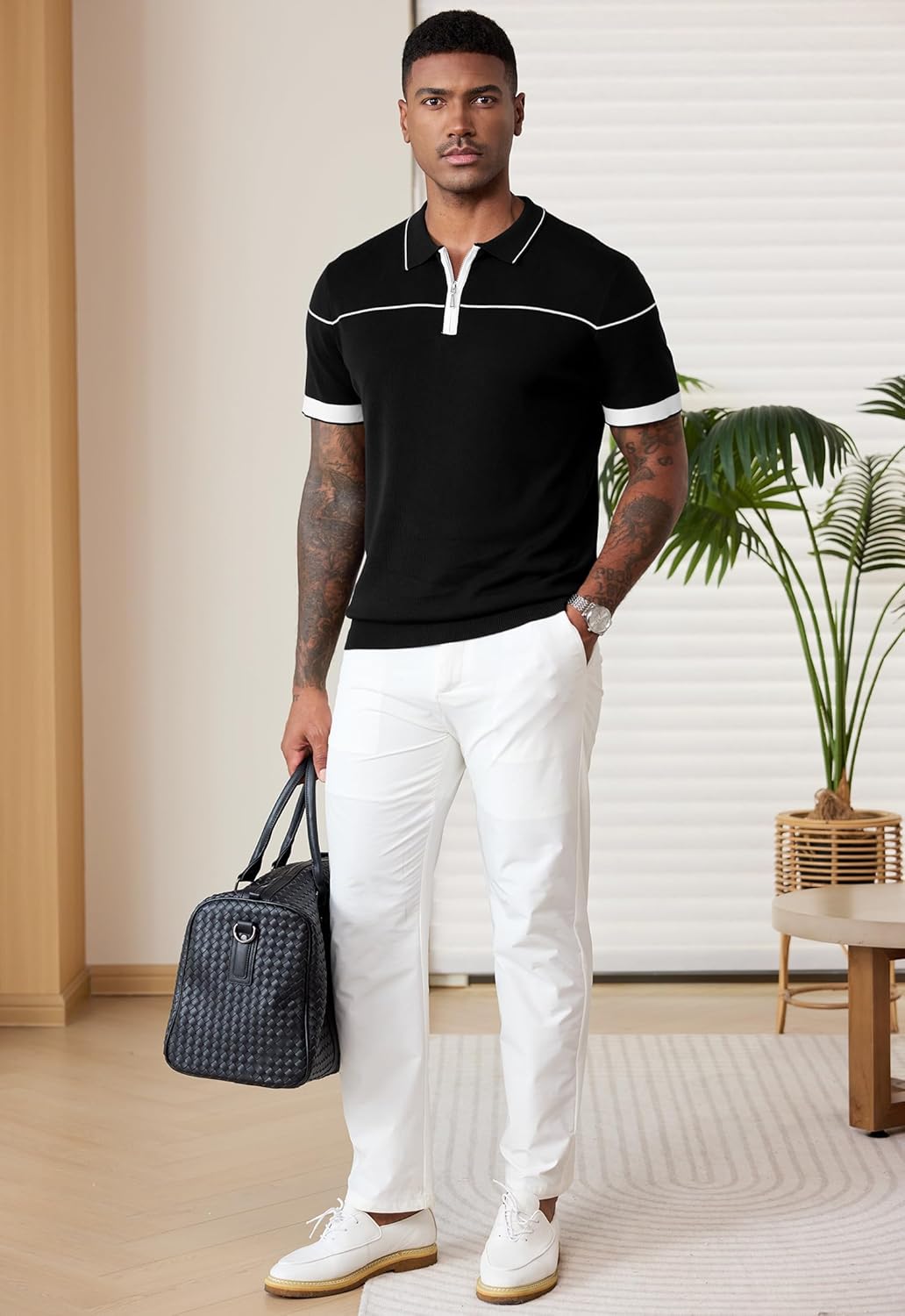 Men Quarter Zip Lyocell Knit Polo Dress Collared Stripe Shirts(S-XXL)