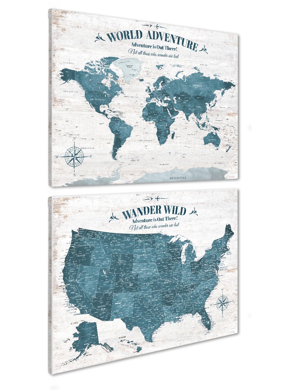 IPIC Vintage Teal World Maps for Wall, World Map Canvas, Size 40x30 in