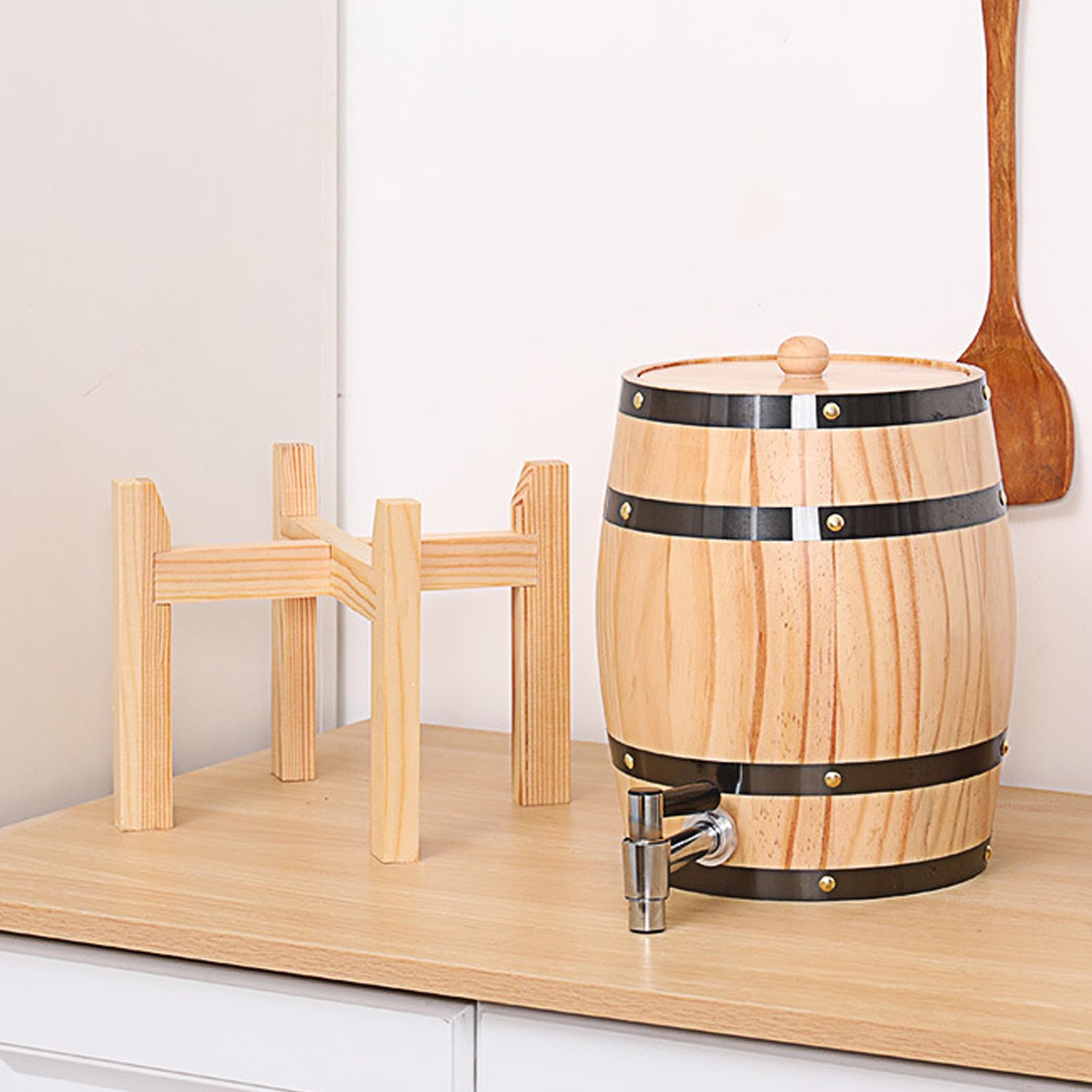 Tonneau à Vin en Bois, Tonneau à Bière en Bois de Chêne 3 L, Fûts à Whisky avec Robinet et Support pour un Usage Domestique