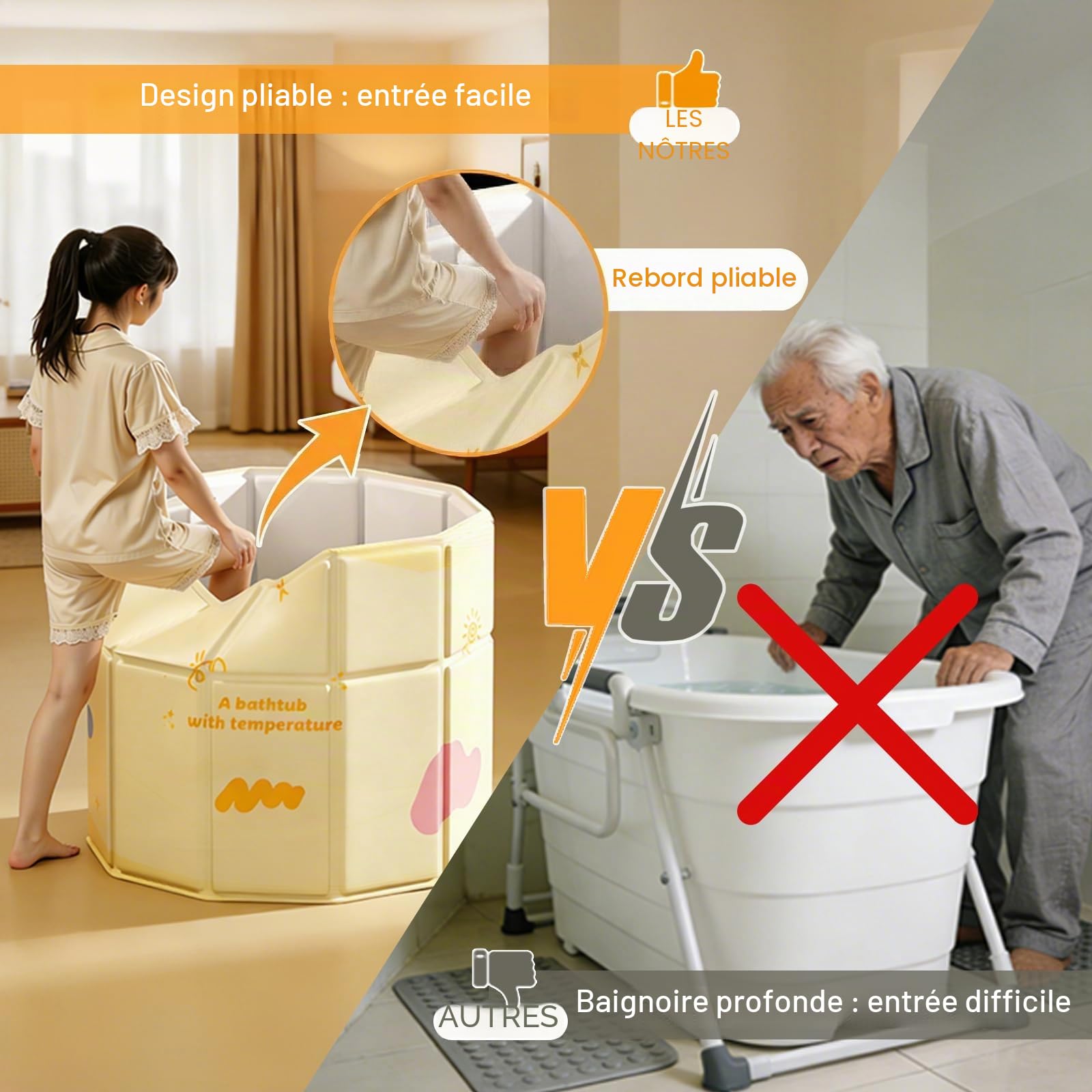 Baignoire pliable jaune 70 cm, entrée « Step-in » pour personnes âgées et enfants, pliable vers l'intérieur, baignoire à glace portable et bain chaude, baignoire portable pour adultes