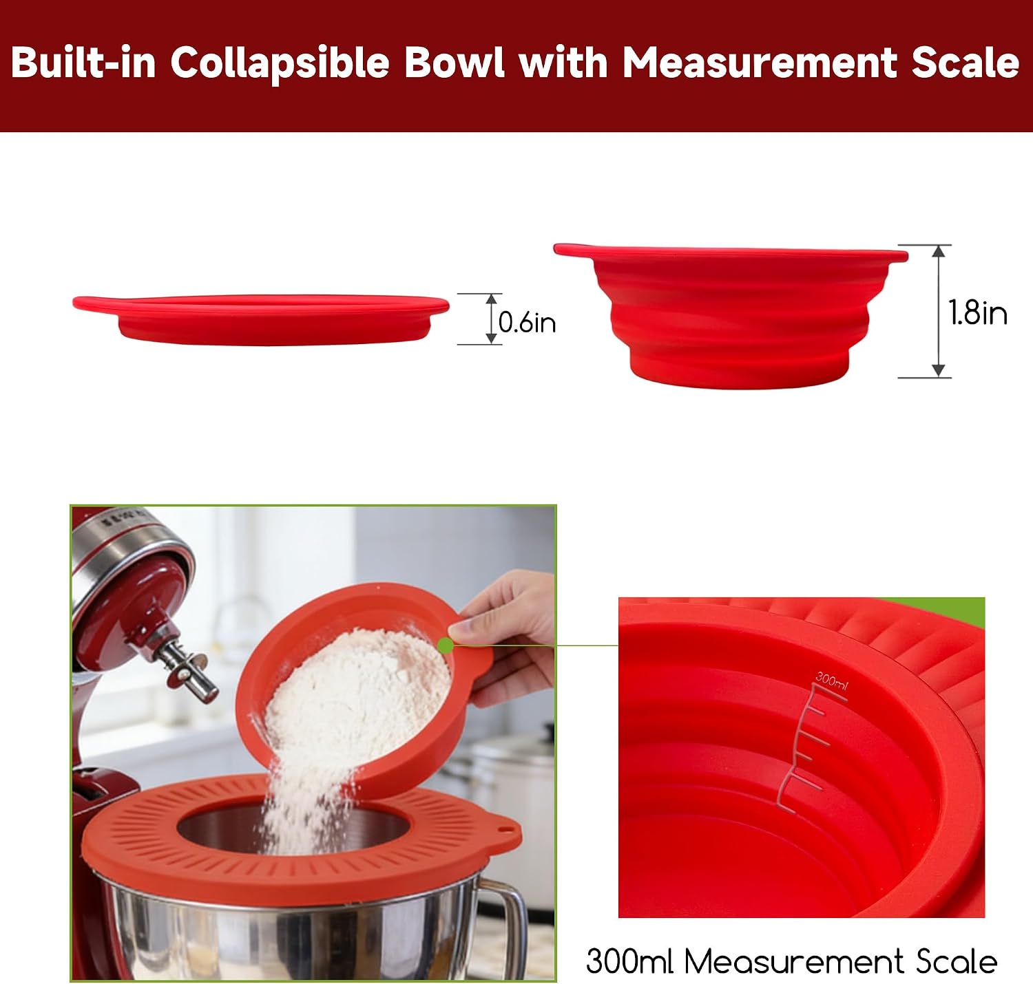 Silicone Mixer Bowl Cover Compatible with KitchenAid 4.5-5 Quart Tilt-Head Stand Mixer, with 300ML Measuring Scale Collapsible Bowl, Ultra-Soft Flexible Lid, Splash Guard & Dust Cover, Red