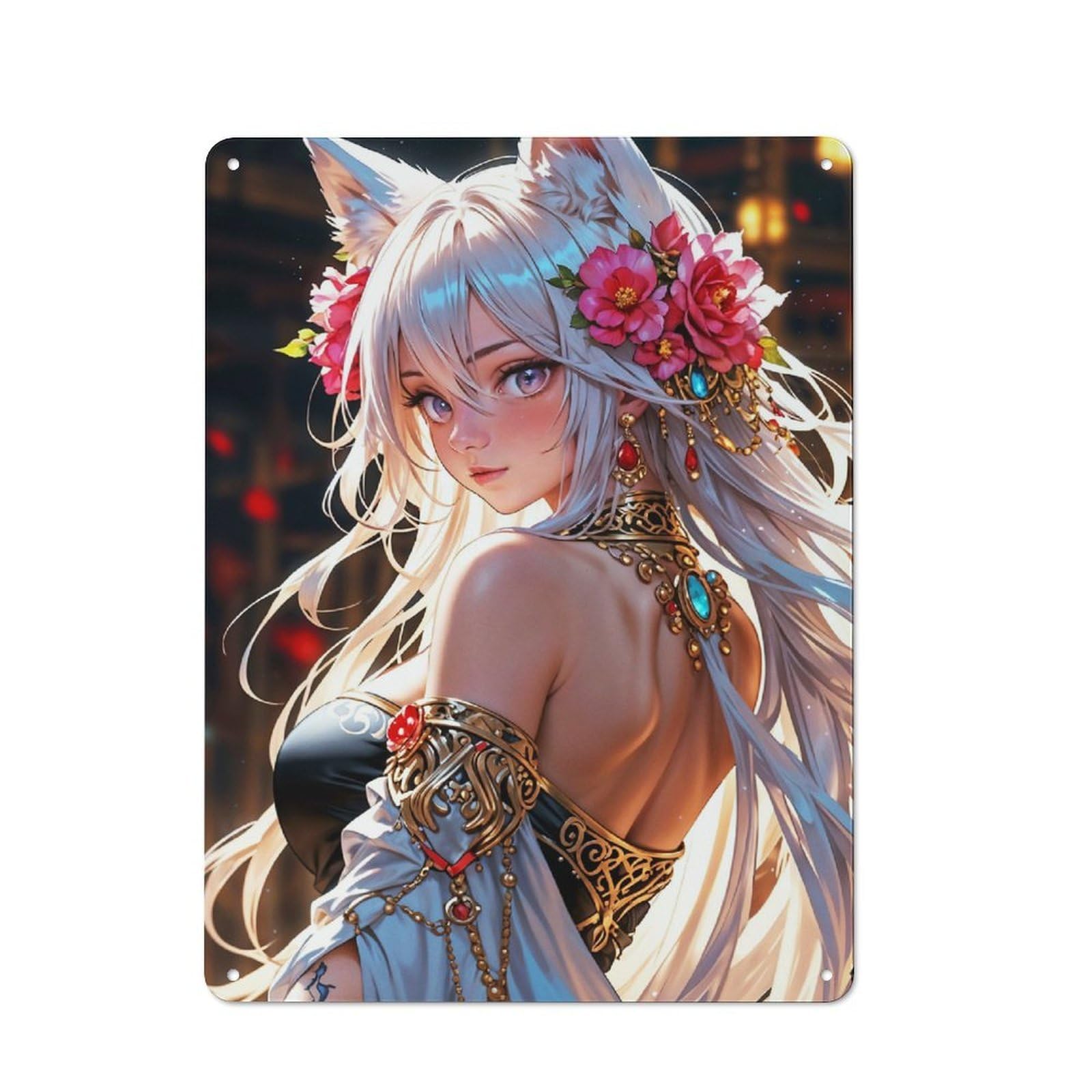 Modern Retro Metal Wall Art Sign 40x30cm Featuring Enchanted Fox Maiden, Urban Room Decor for Workspace, Cafe, Hallway Or Garage