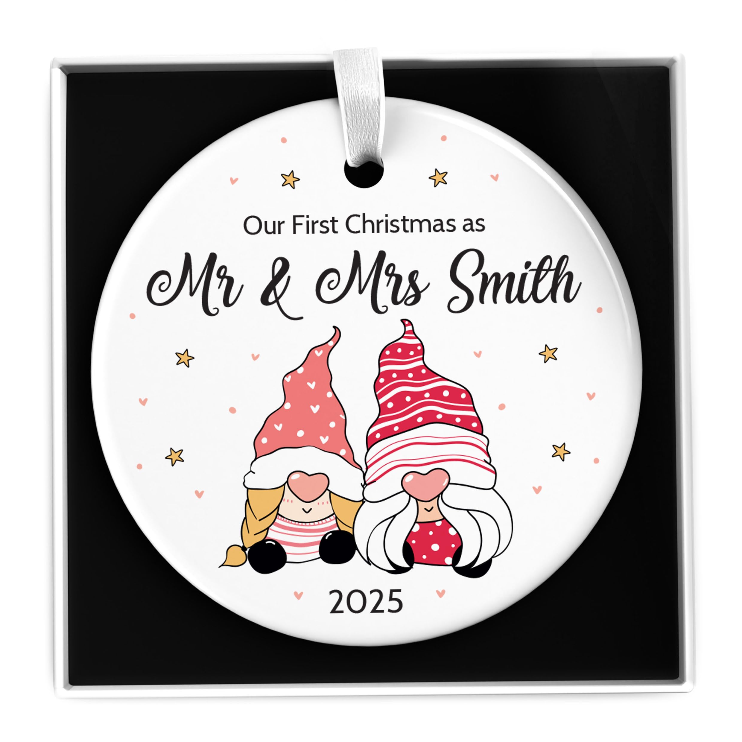Personalised First Christmas as Mr & Mrs Gnome Gonk Decoration, Custom 1st Christmas Married Ornament, Newlywed Ceramic Keepsake With Gift Box