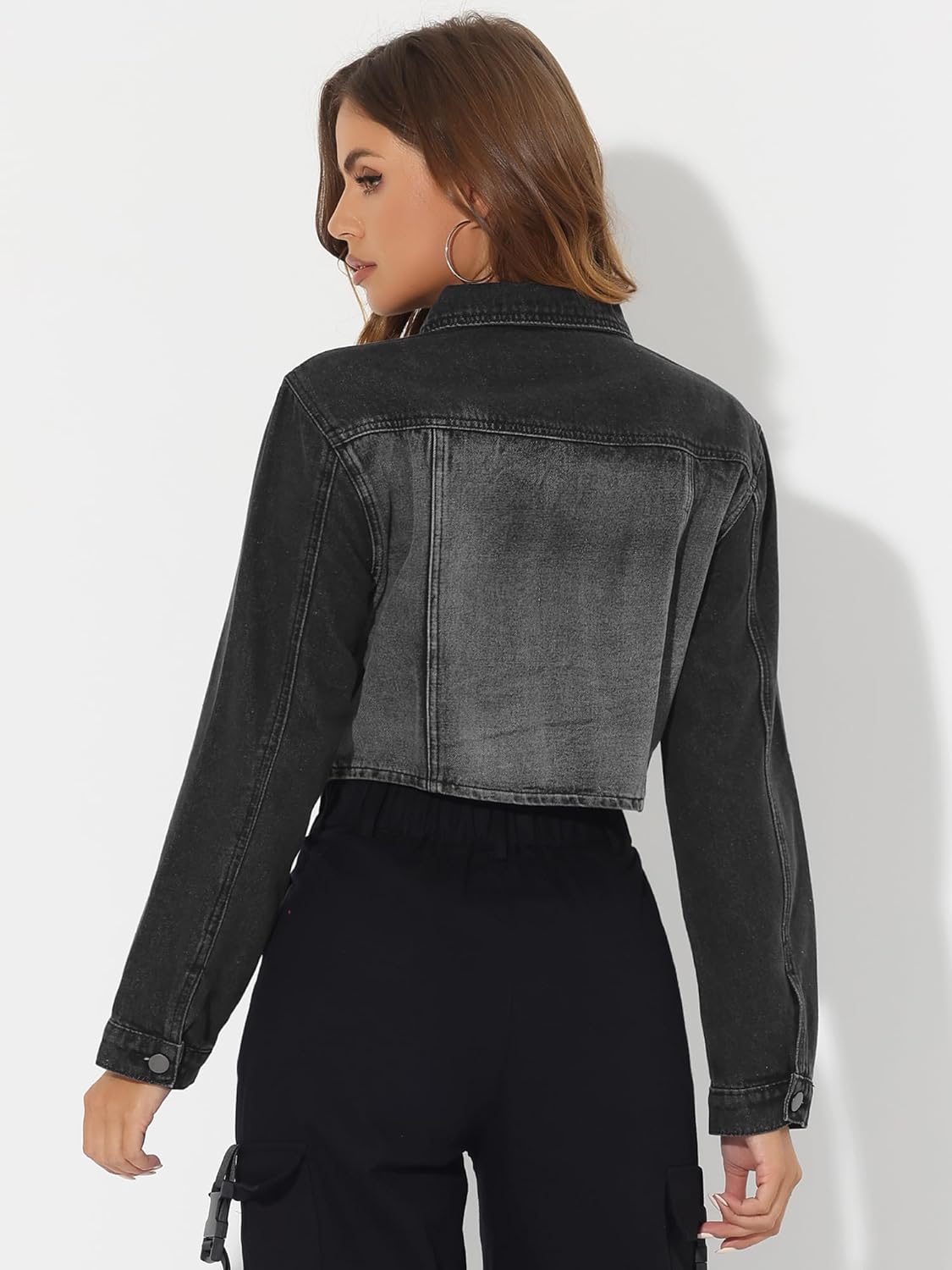 Allegra K Casual Denim Jacket for Women's Zip Up Washed Jean Asymmetry Cropped Jackets - Image 3