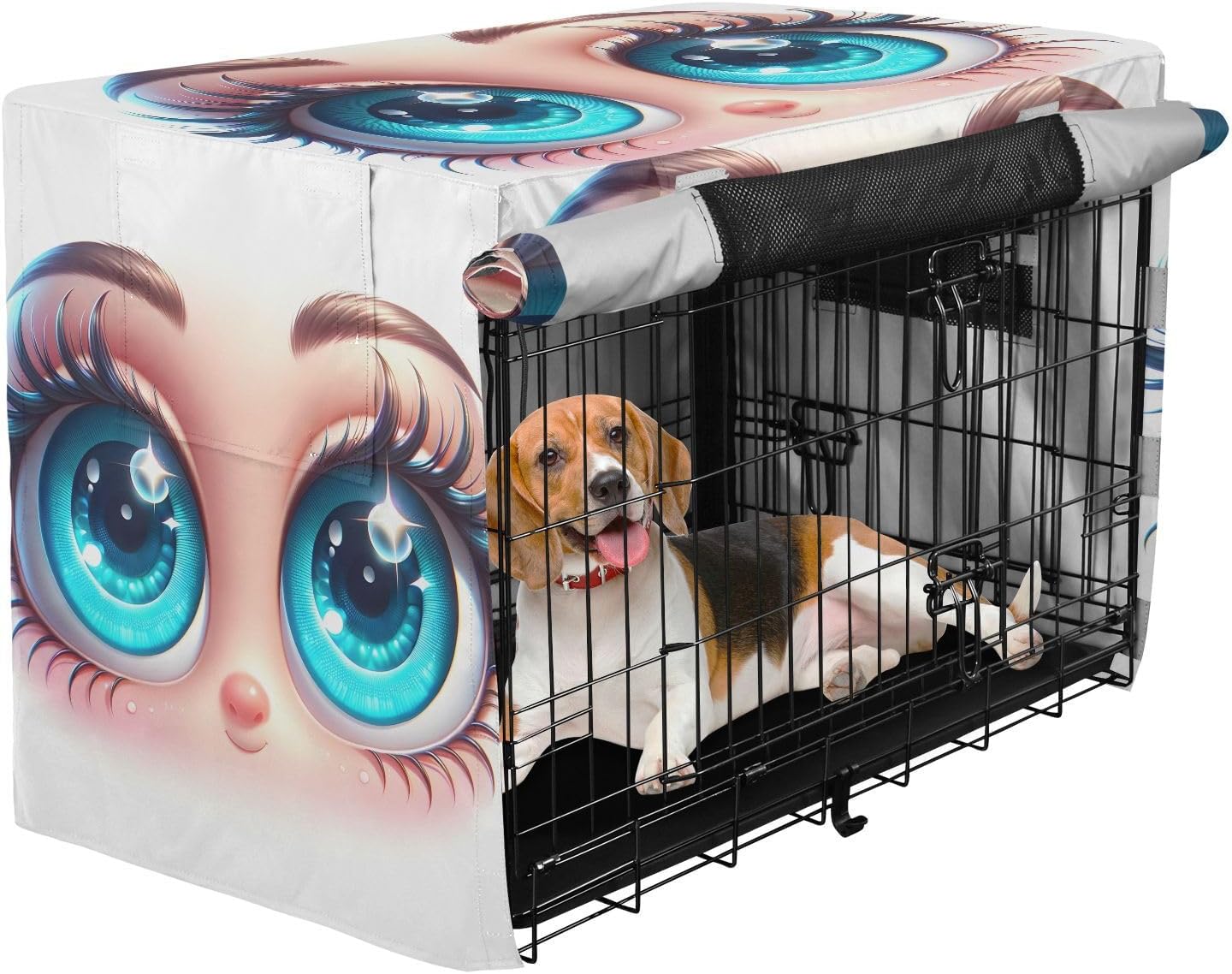 Cute Cartoon Eyes Pet Cage Cover with Openings, Washable Dog Create Cover, Large