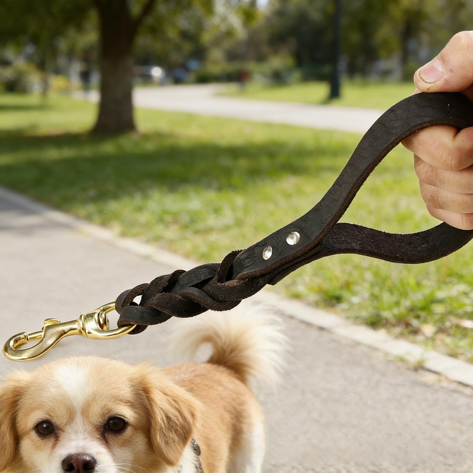 Hundeleine für große Hunde, Kurze 30 cm Leine aus echtem Rindsleder mit handgeflochtenem Griff, Nietenverstärkung, Messing-Schnappverschluss, farbbeständig, Schwarz