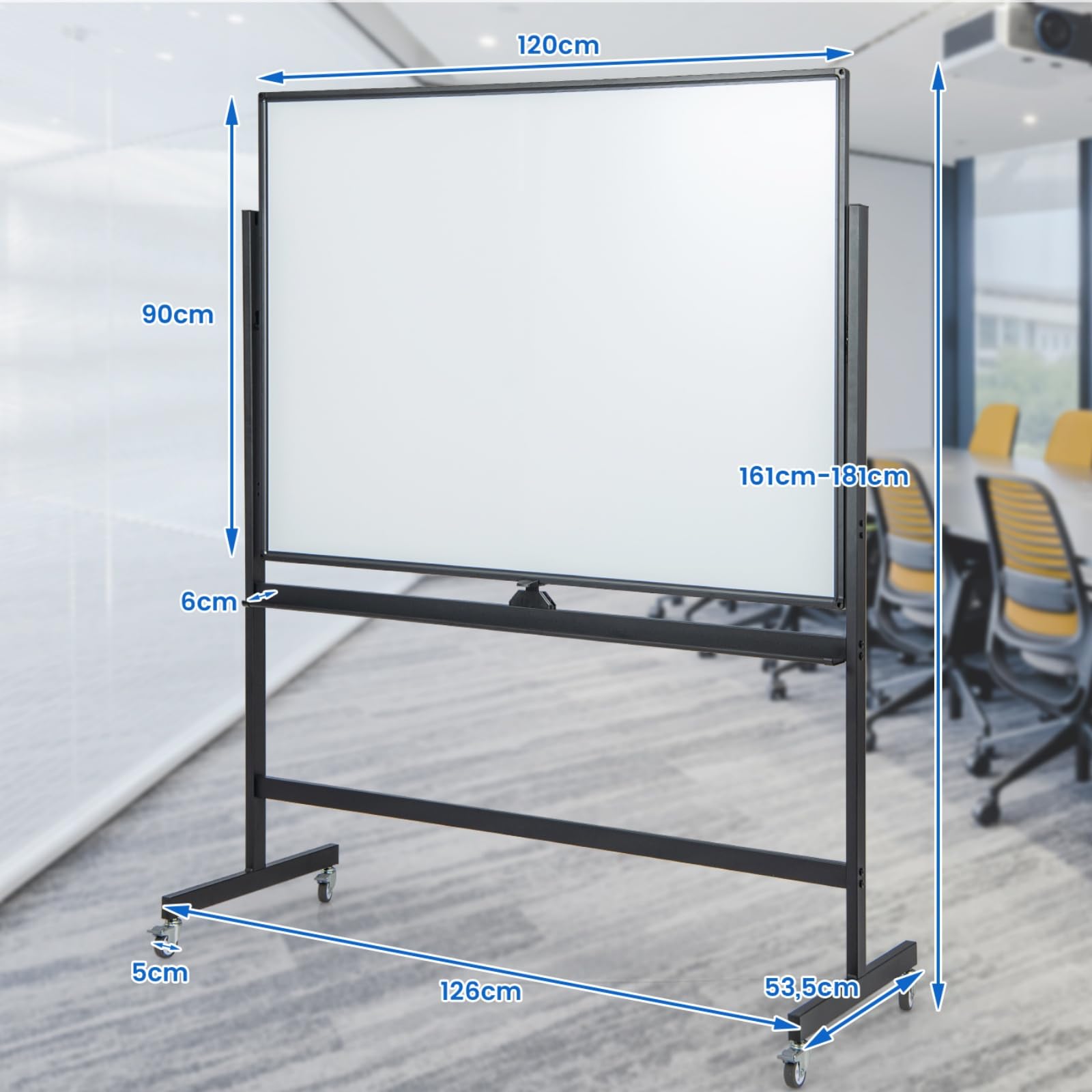 LIFEZEAL Doppelseitige Magnettafel, Whiteboard um 360 Grad drehbar, Magnetische Tafel auf Rollen, Magnetwand mit verstellbarer Höhe 161/181 cm, abwischbare Tafel (Schwarz, 120 x 90 cm)