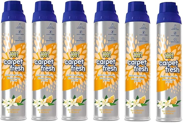 1001 Carpet Fresh Spring Blossom & Mandarin Fragrance  Quick drying, For use On Carpet Rug Upholstery Freshening Foam Pet Odour Remover, Pack of 6 300ml Aerosol Spray Can