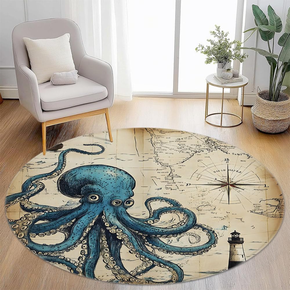 Amazon.com: Round Area Rug 5Ft Vintage Nautical Octopus Funny Ocean ...