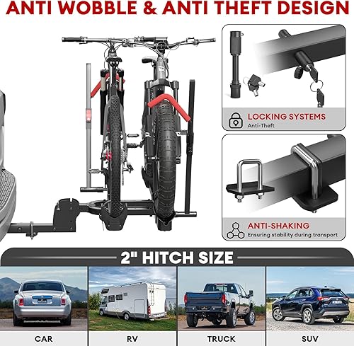Miniatura 7 de Hitch 2 portabicicletas eléctricas con rampa, capacidad de 170 libras plegable para 2 bicicletas eléctricas pesadas, bicicletas de neumáticos