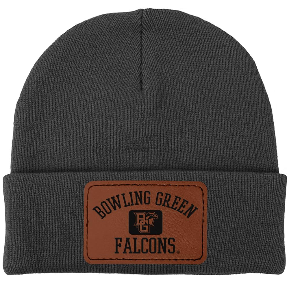 Campus Lab Bowling Green State University Arched Name Rectangle Patch Unisex Rectangle Leather Patch Knit Beanie with Folded Cuff, Charcoal