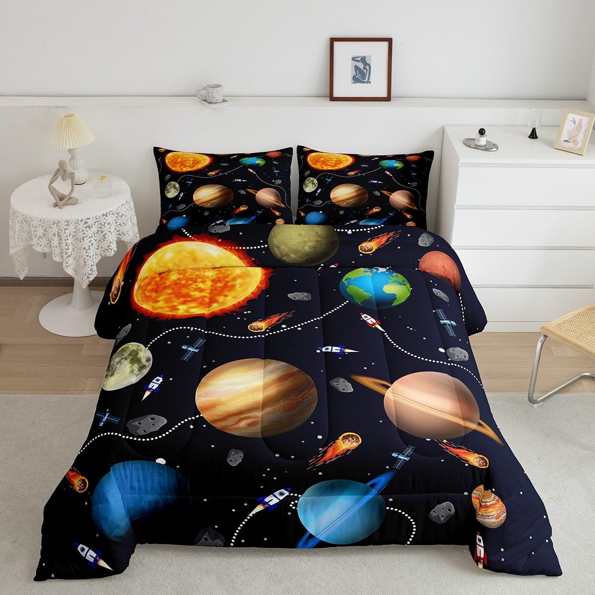 Erosebridal Planets Bedding Set for Boys,Solar System Comforter Set Twin Size for Kids,Outer Space Theme Down Comforter Warm,Rocket Starry Sky Quilted