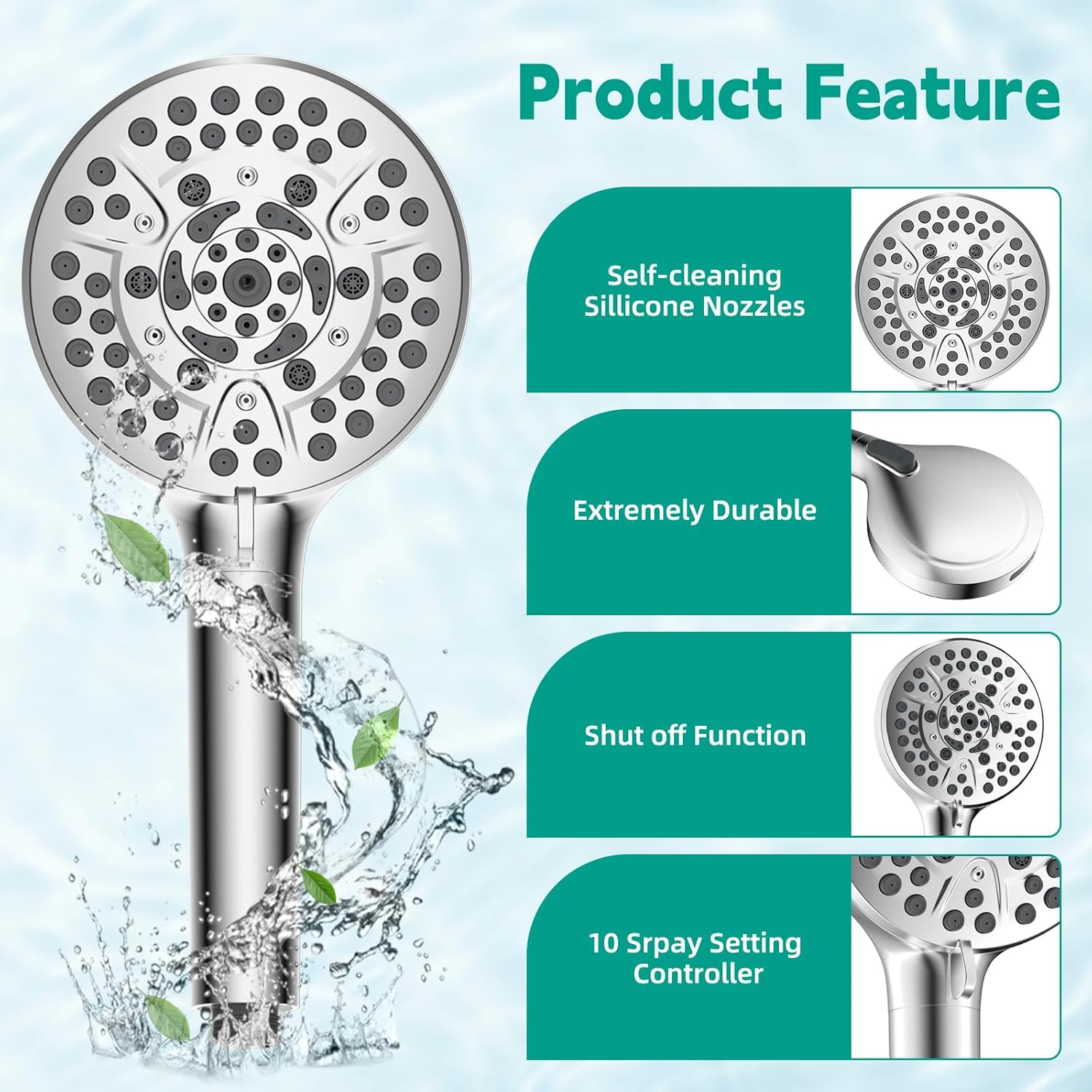 Hibbent High Pressure 10-mode Shower Head, Filtered Handheld Showerhead with Adjustable Brass Joint Holder, 71" Metal Hose, Improve Skin & Hair, Built-in Power Wash to Clean Tub & Pets, Chrome