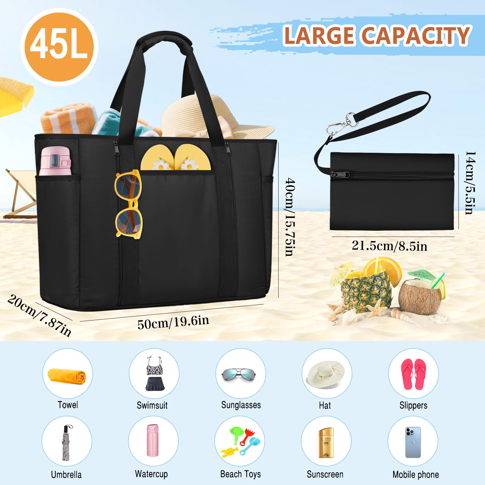 Grand Sac Plage Femme avec Fermeture Éclair XXL Famille 45L Sac de Plage Imperméable Sacs Caba Plage Pliable Beach Tote Bag pour Piscine Gym Vacance
