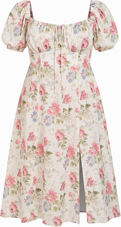 CIDER Women's Plus Size Dress Floral Fruit Square Neck Puff Sleeve Split Sun Dress Summer Midi Dresses Vacation Outfits fashion product photo