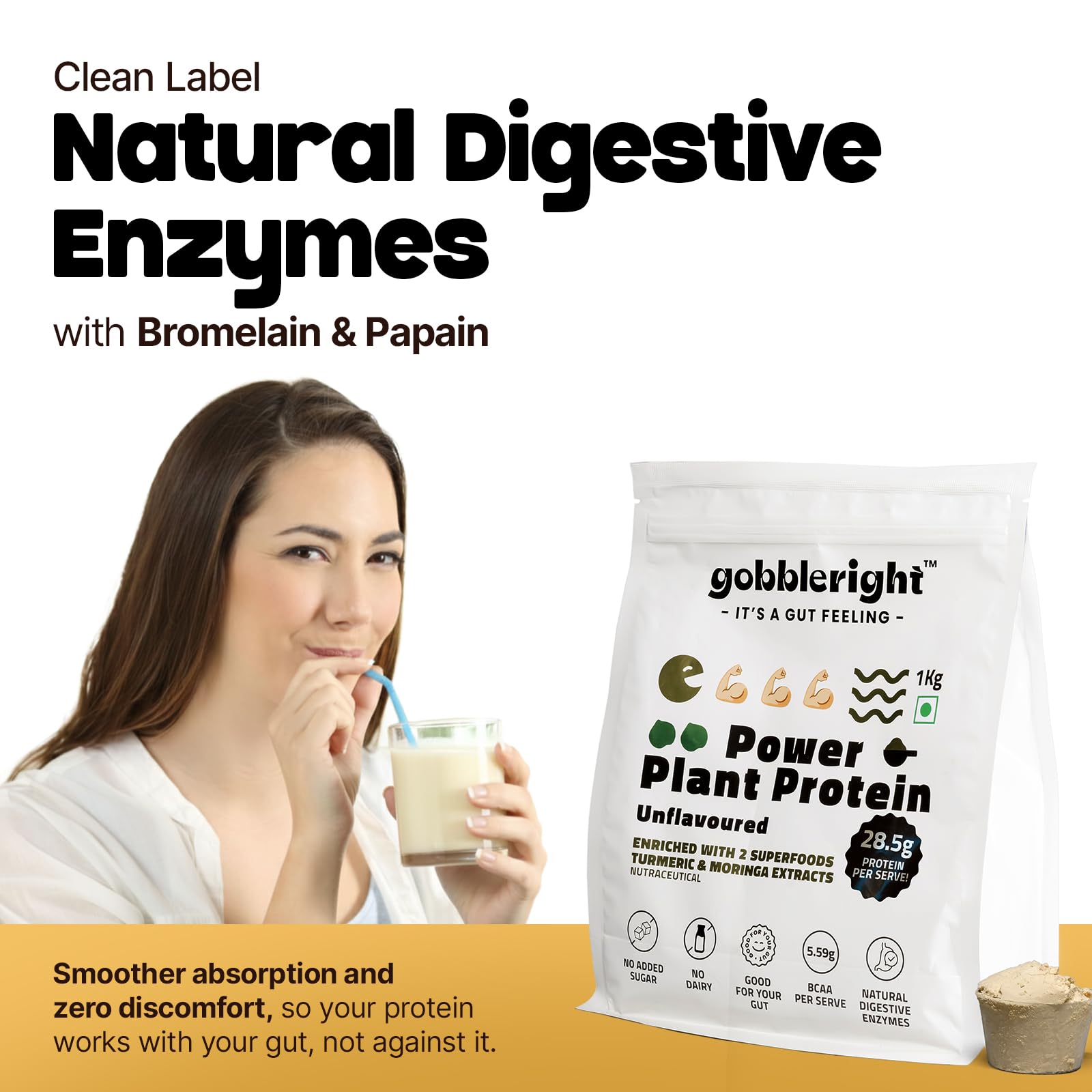 GOBBLERIGHT Power Plant Protein Powder Unflavoured 1kg | 28.5g Protein Per Serve | No Added Sugar | Isolate & Concentrate Pea Rice Powder | 4.91g BCAA | No Bloat & Gut Friendly | Gluten Free & Vegan 3